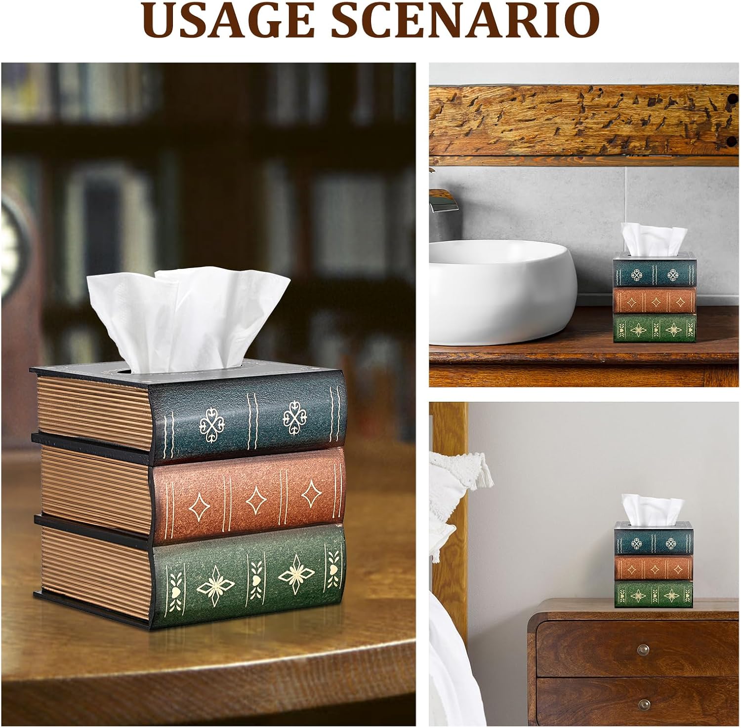 Antique Wooden Book Tissue Holder / Green Lid
