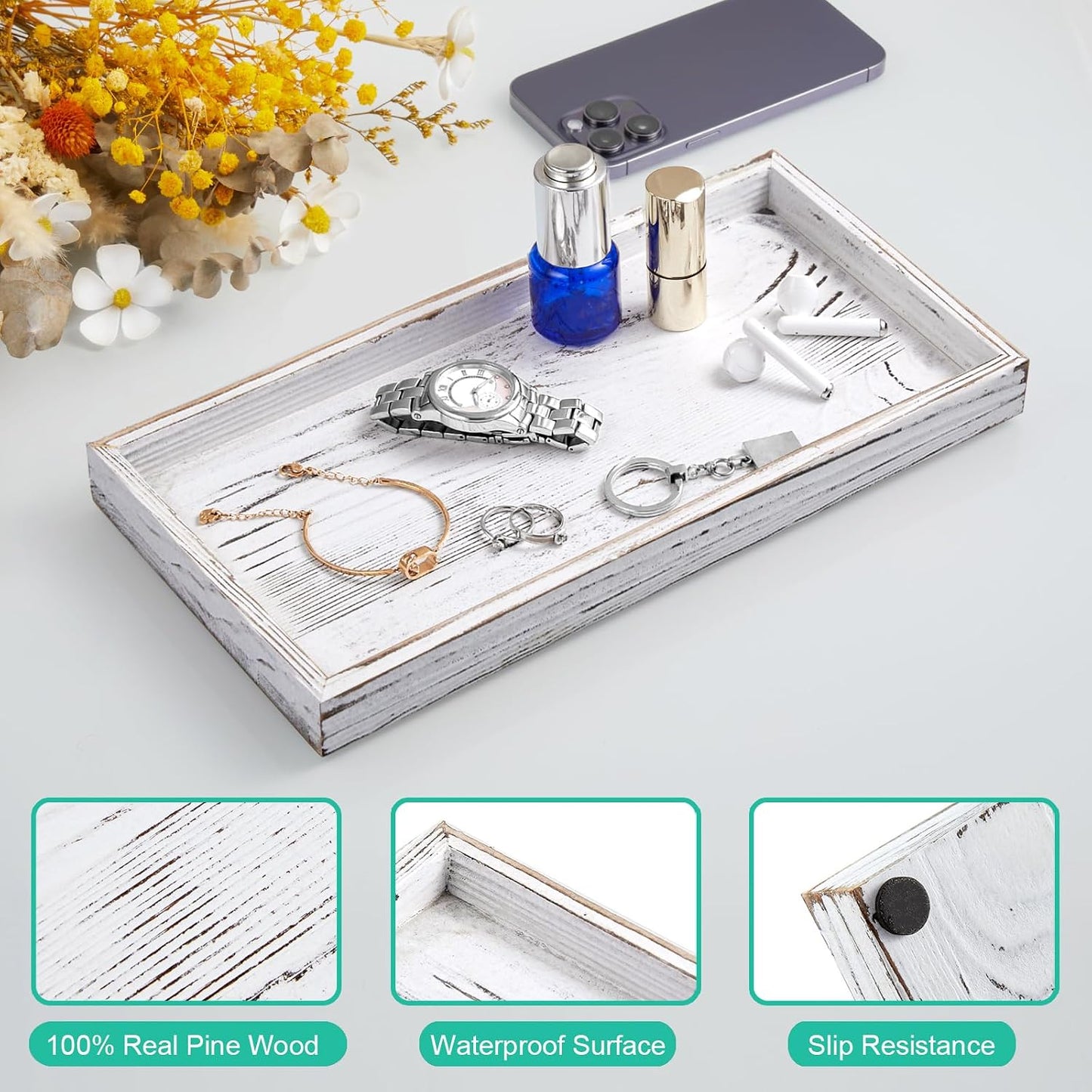 Wood Decorative Tray for Toilet Tank Makeup Perfume Jewelry / 6.5 x 1.2 x 13 / Whitewashed / White