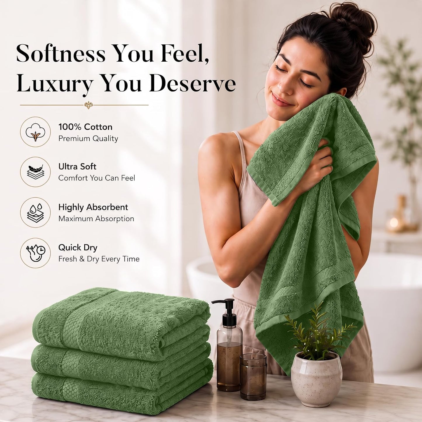 DAN RIVER 600 GSM Cotton Large Bath Towels Set of 4, 27 x 54 Inches, Green | Larger & Lighter Weight Towels for