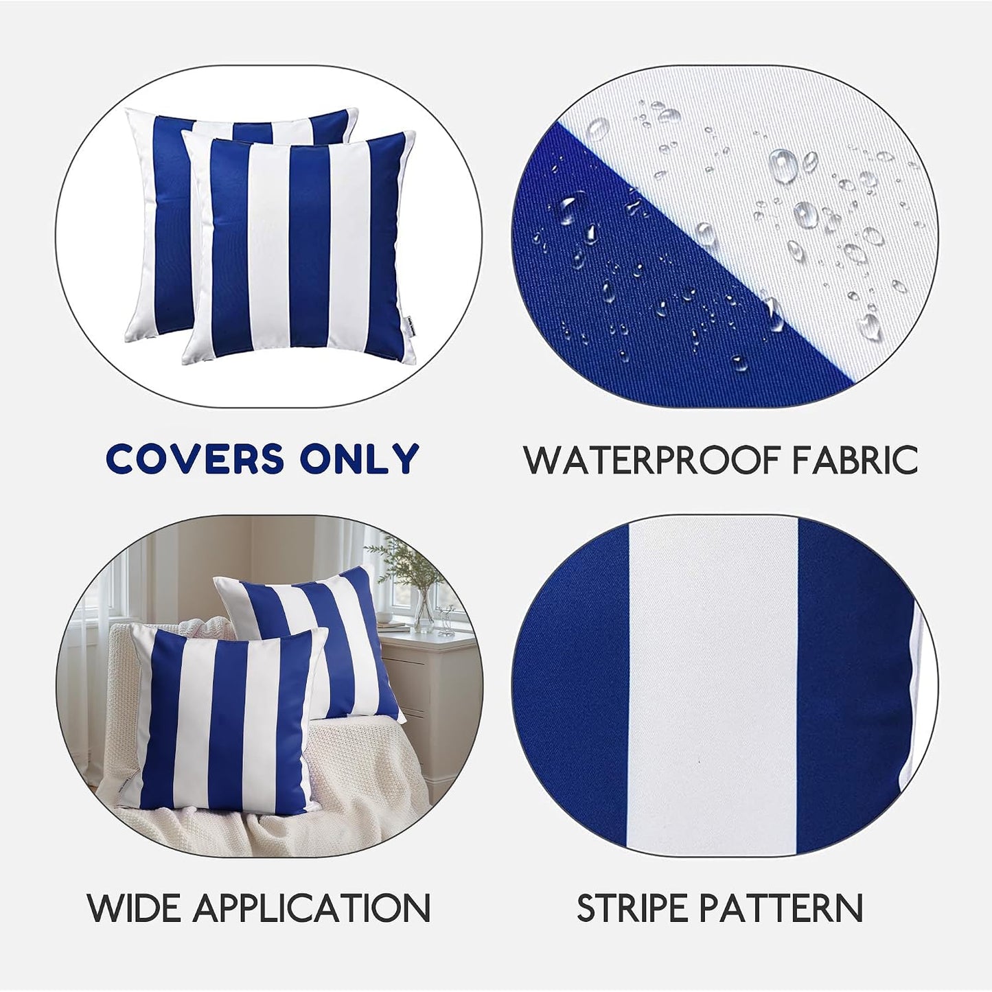 Western Home Decorative Outdoor Solid Waterproof Striped Throw Pillow / Blue / 18 x 18 / Set of 2