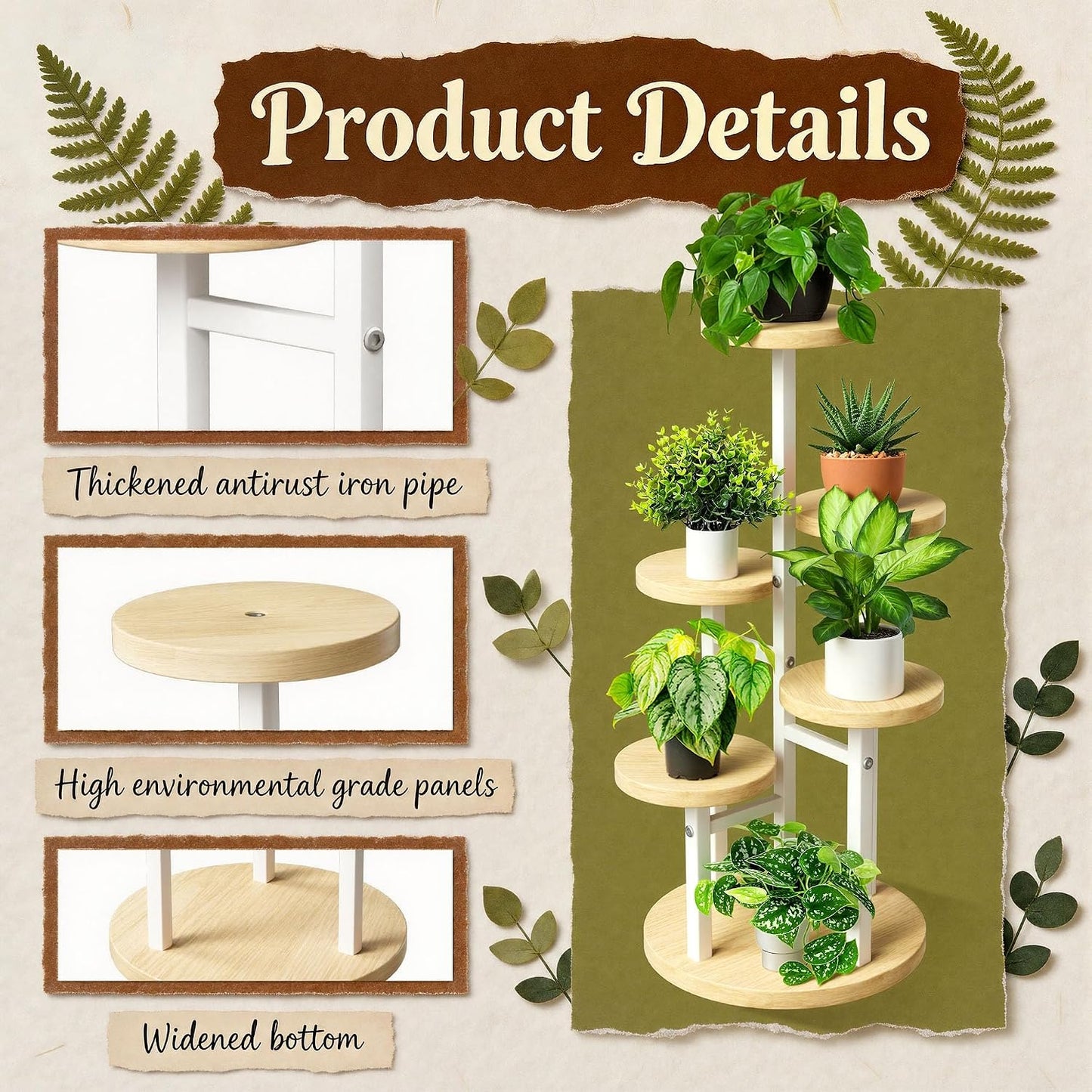 5 Tier Plant Stand Indoor | Metal Wood Plant Stands For Indoor Plants Multiple, Corner Tiered Flower Plants Shelf Stand