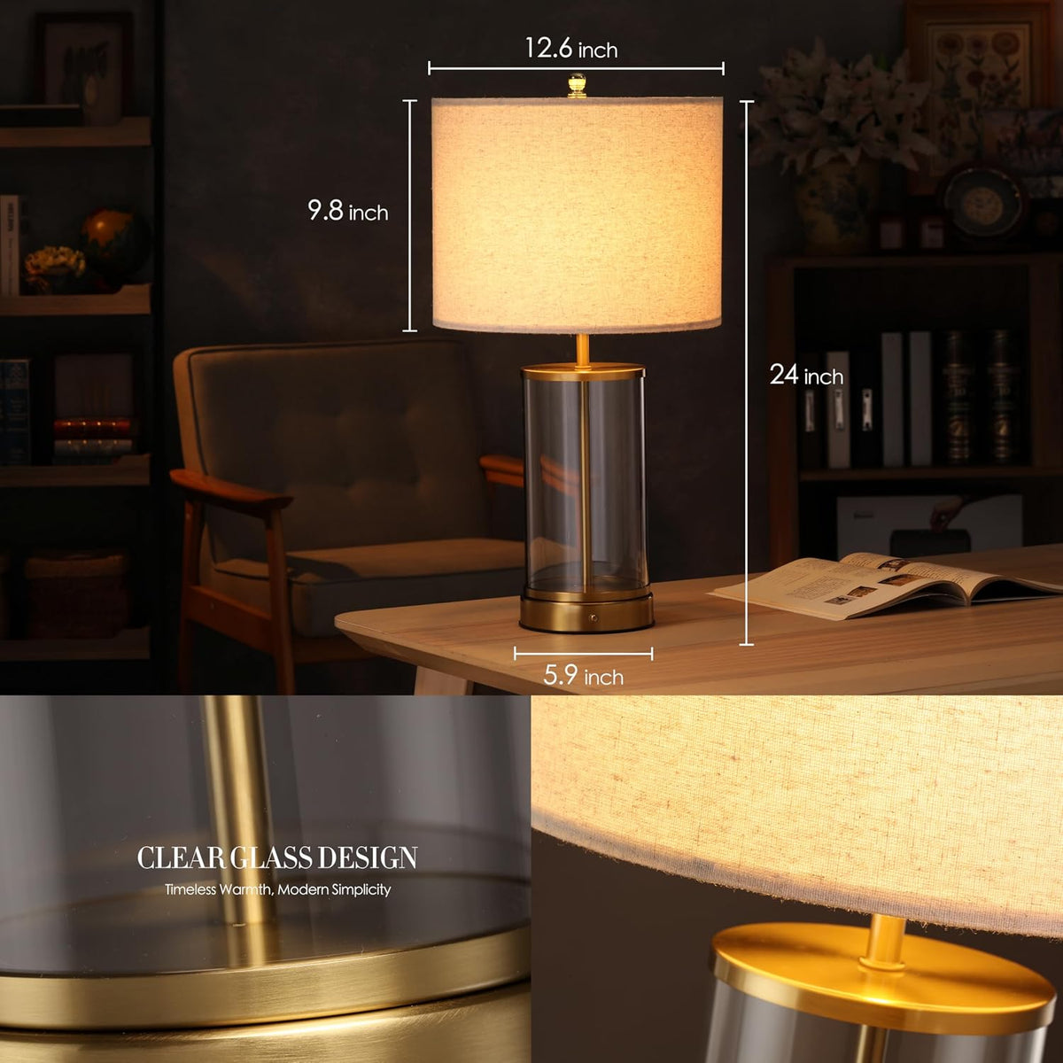 O’Bright Luma - Battery Powered Table Lamp, Cordless Glass Bedside Lamp with Rechargeable 10,000mAh Battery, Full Size