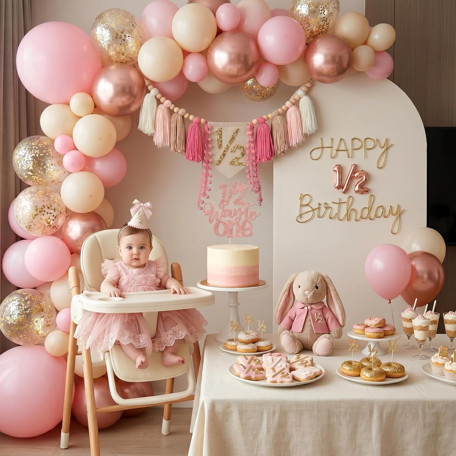 1/2 High Chair Banner & Cone Hat Cake Topper Birthday Girl Half Birthday Decorations / Pink & Khaki