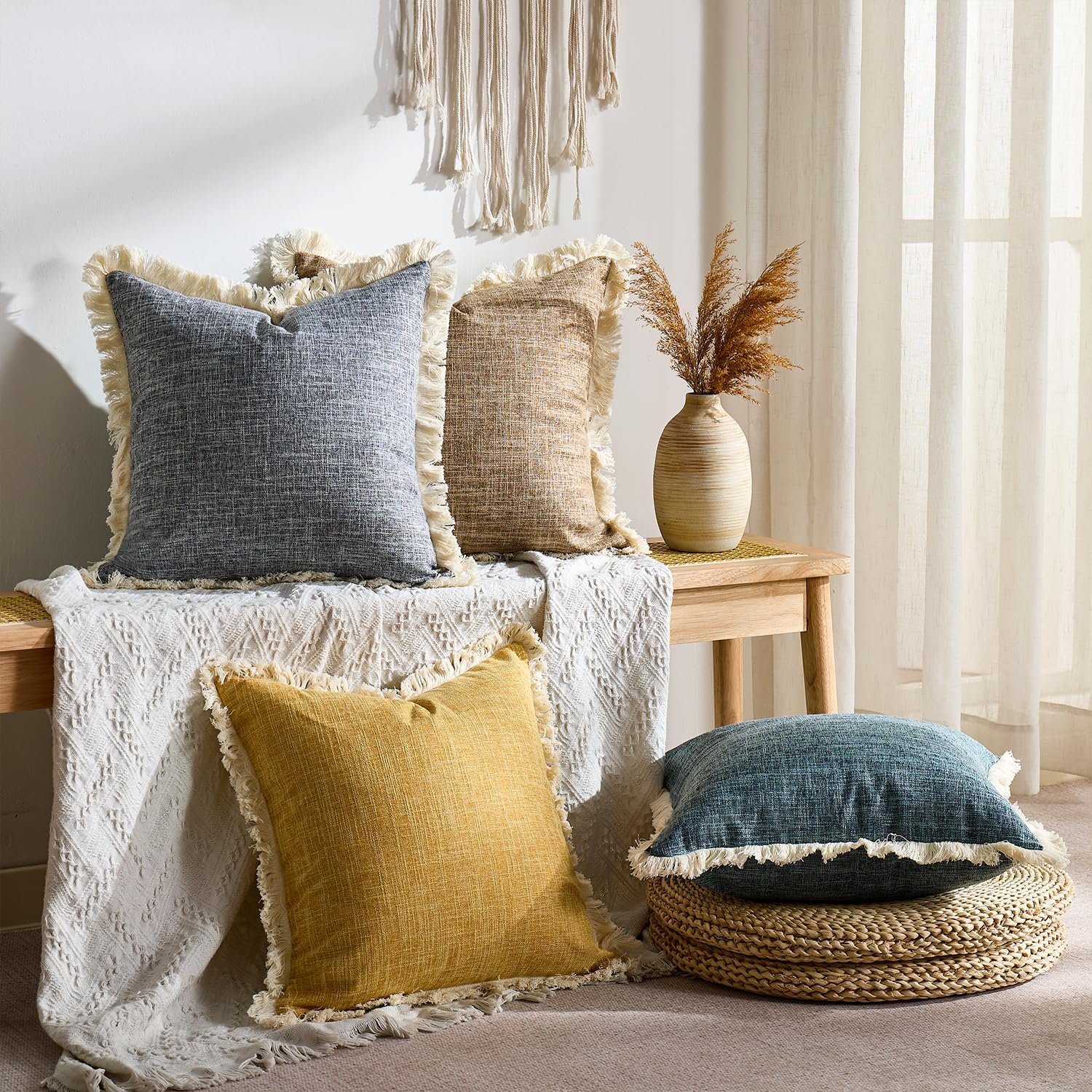 Faux Linen Decorative Pillow Coves Boho Farmhouse Throw Pillowcases / Blue / 18 x 18 / Set of 2
