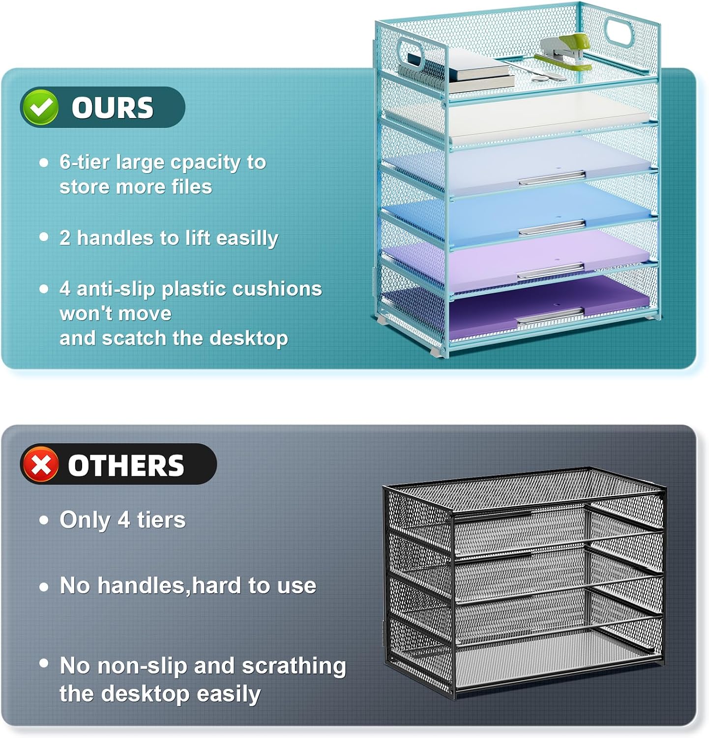 Marbrasse 6 Tier Paper Organizer Letter Tray - Mesh Desk File Organizer with Handle, Paper Sorter for Letter/A4 Office