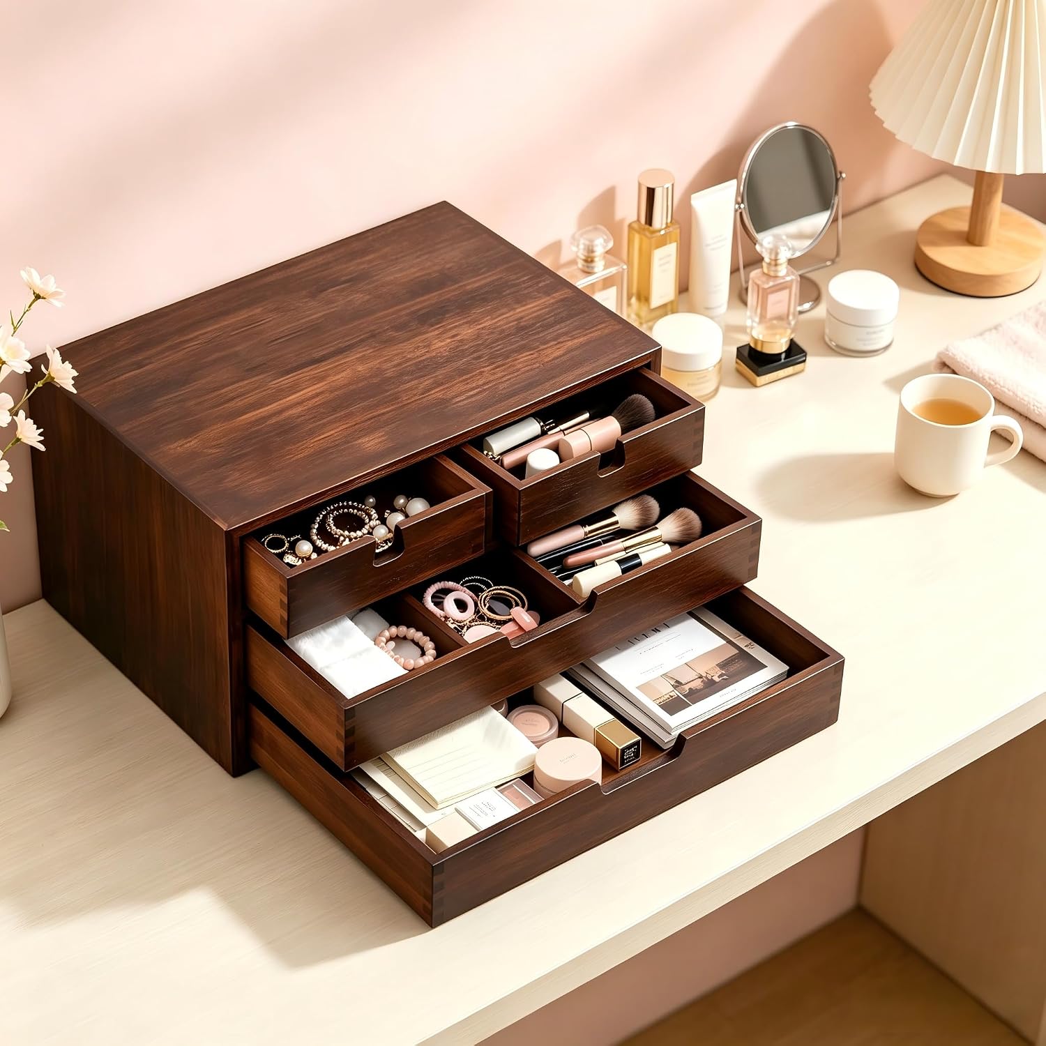 Bamboo Desk Organizer, 100% Natural Bamboo Desktop Drawer Organizer, Dark Brown Tabletop Storage Cabinet Organization