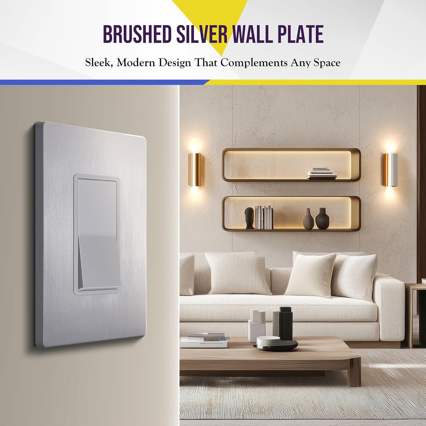 ENERLITES 1-Gang Brushed Silver Screwless Decorator Wall Plate Outlet Cover | 10 Pack, Size 4.68" x 2.93", Fits light