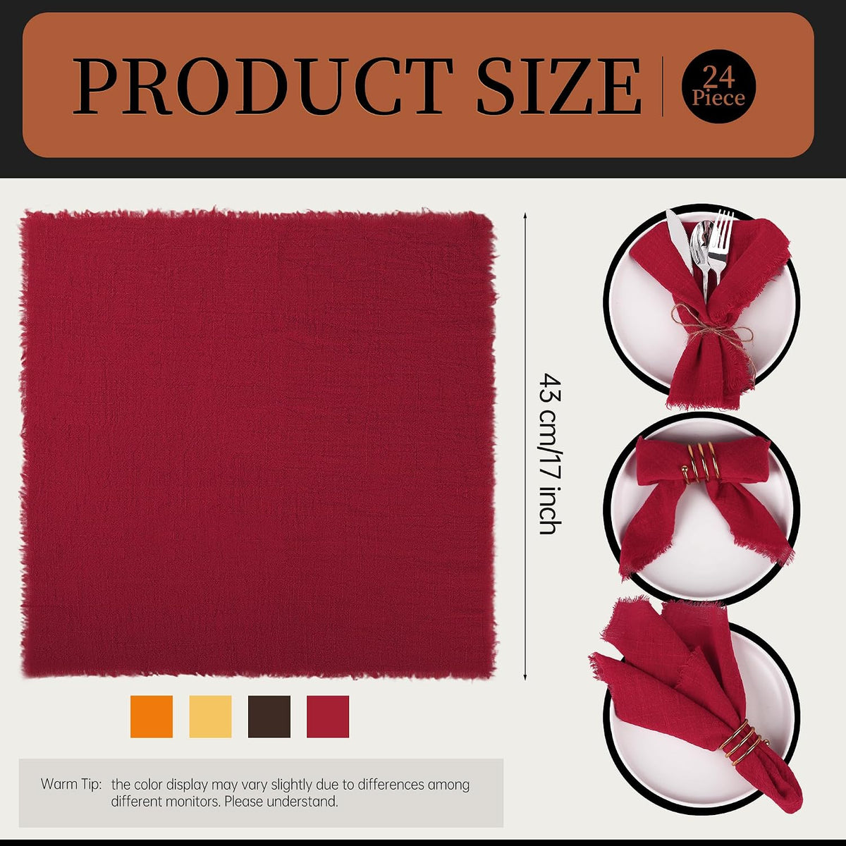 TURSTIN 24 Pieces Thanksgiving Cotton Linen Cloth Napkin Handmade Cloth | Fall Napkin with Fringe 17 x 17 Inch Soft