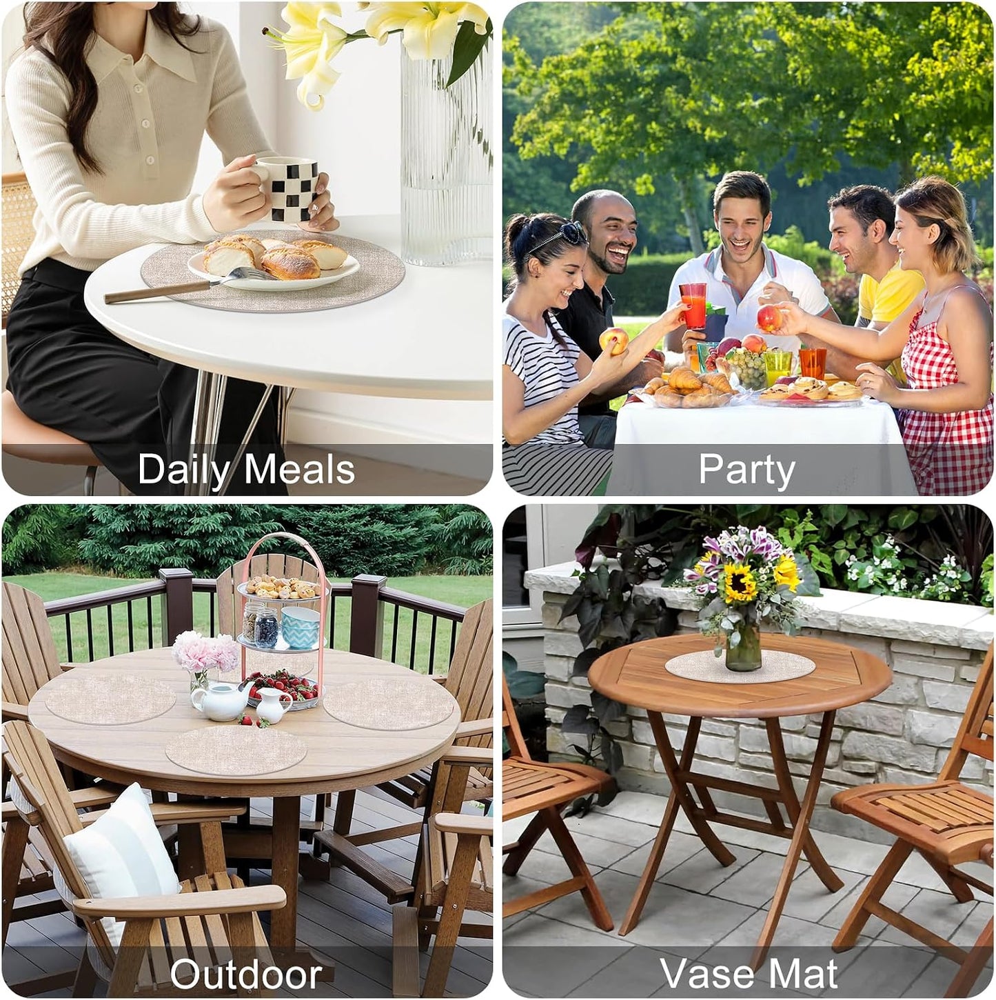 Homaxy Round Faux Leather Placemats and Coasters, Set of 8, Beige | Washable Dual-side Table Mats, Wipeable Place Mats