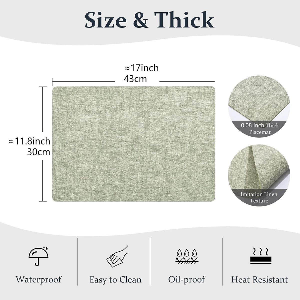 FROMHEART Faux Leather PU Placemats Set of 8 (Light Green,11.8" x 17") | Waterproof,Heat/Oil Stain-Resistant Table
