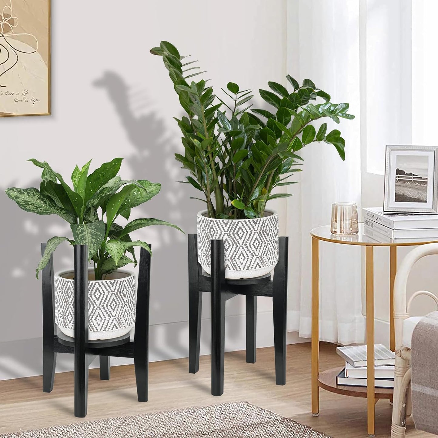 Adjustable Plant Stand with Tray,Indoor Wood Plant Stand Fit 8'' to 12'' Planter,Mid Century Modern Flower Pot Holder
