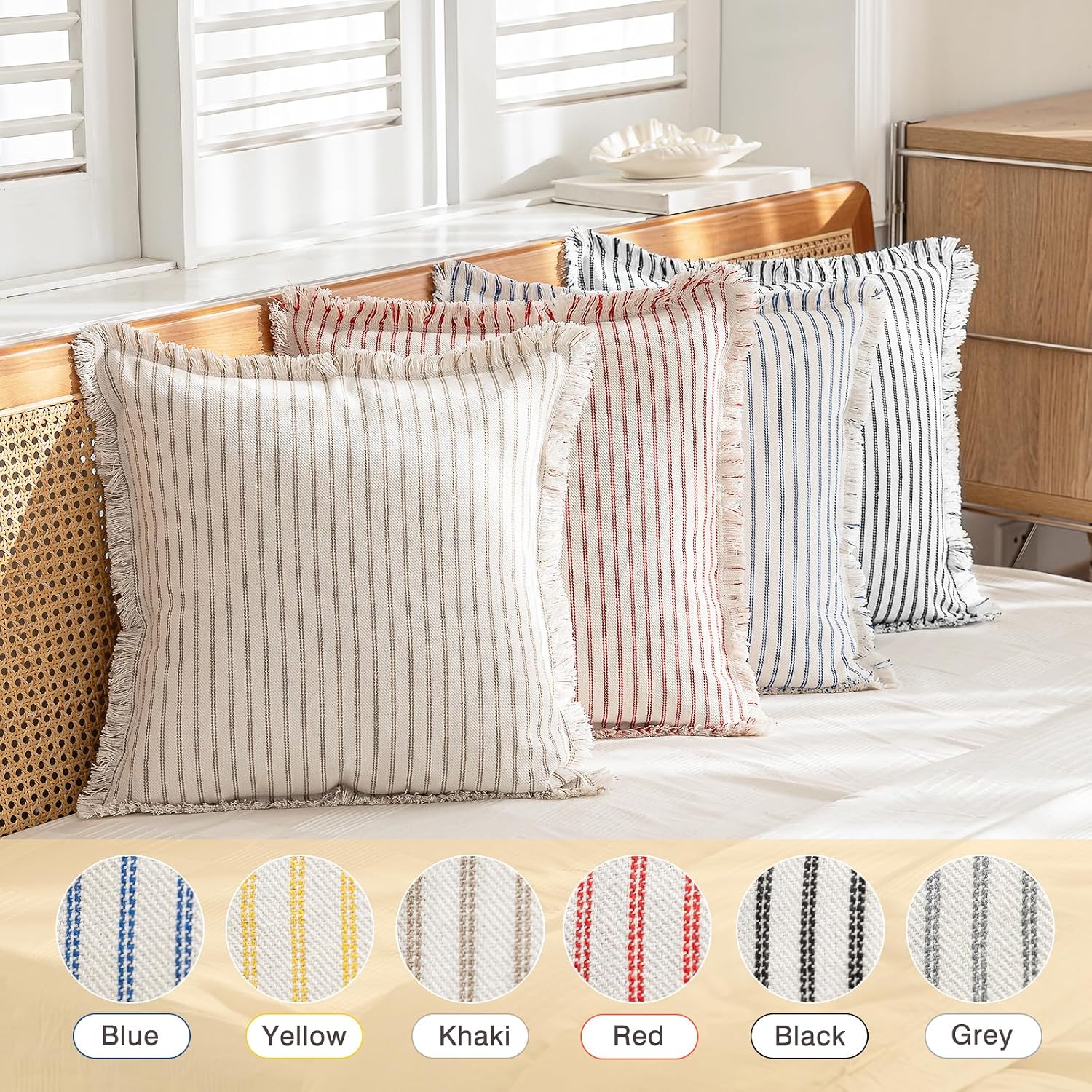 Throw Pillow Covers Striped Fringe Pillow Cover Farmhouse Cushion / Khaki / 18 x 18 / Set of 2