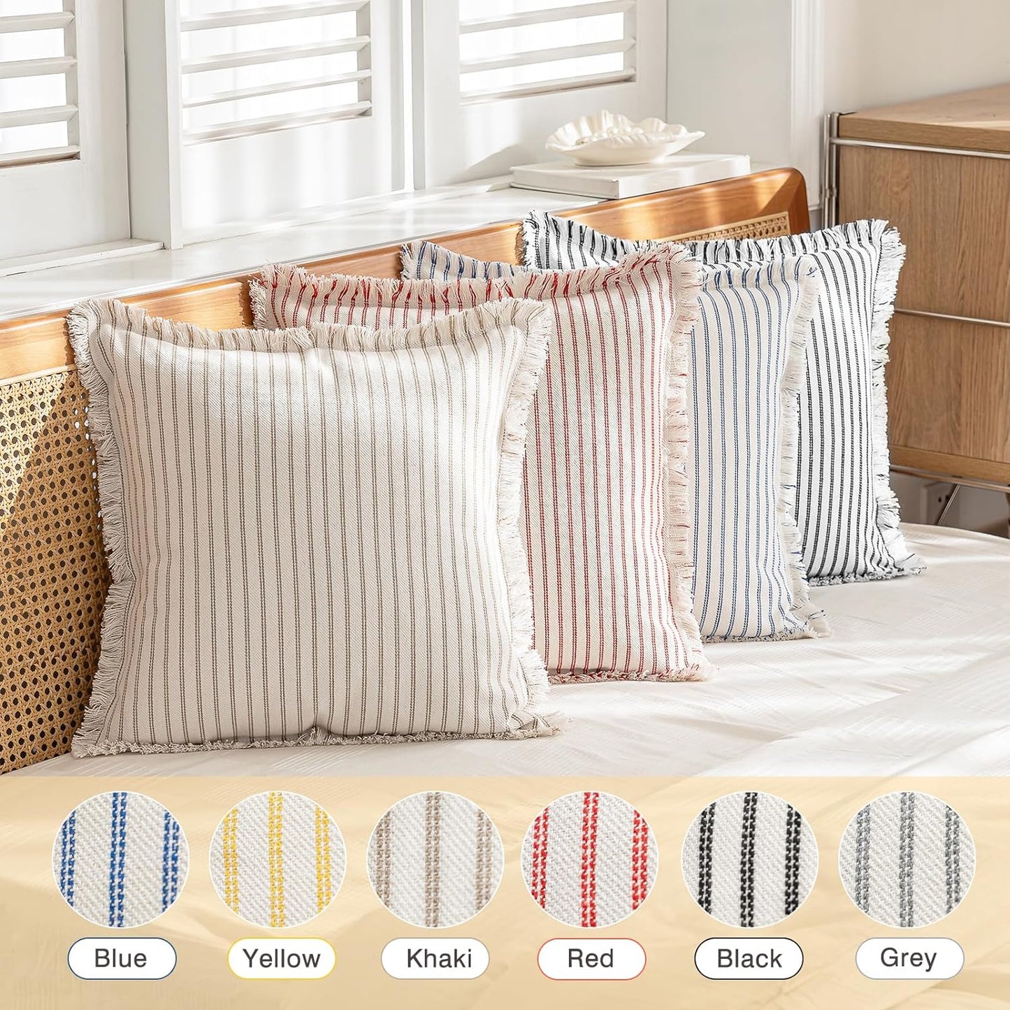 Throw Pillow Covers Striped Fringe Pillow Cover Farmhouse Cushion / Black / 20 x 20 / Set of 2