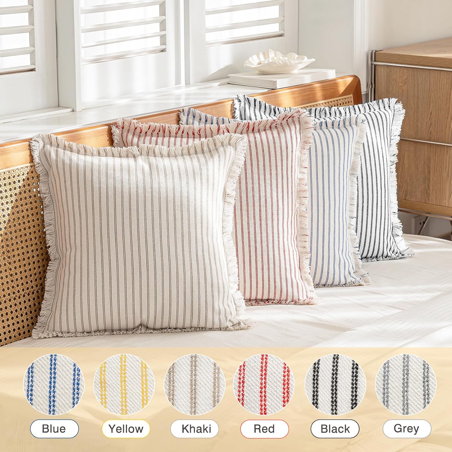 Throw Pillow Covers Striped Fringe Pillow Cover Farmhouse Cushion / Black / 24 x 24 / Set of 2