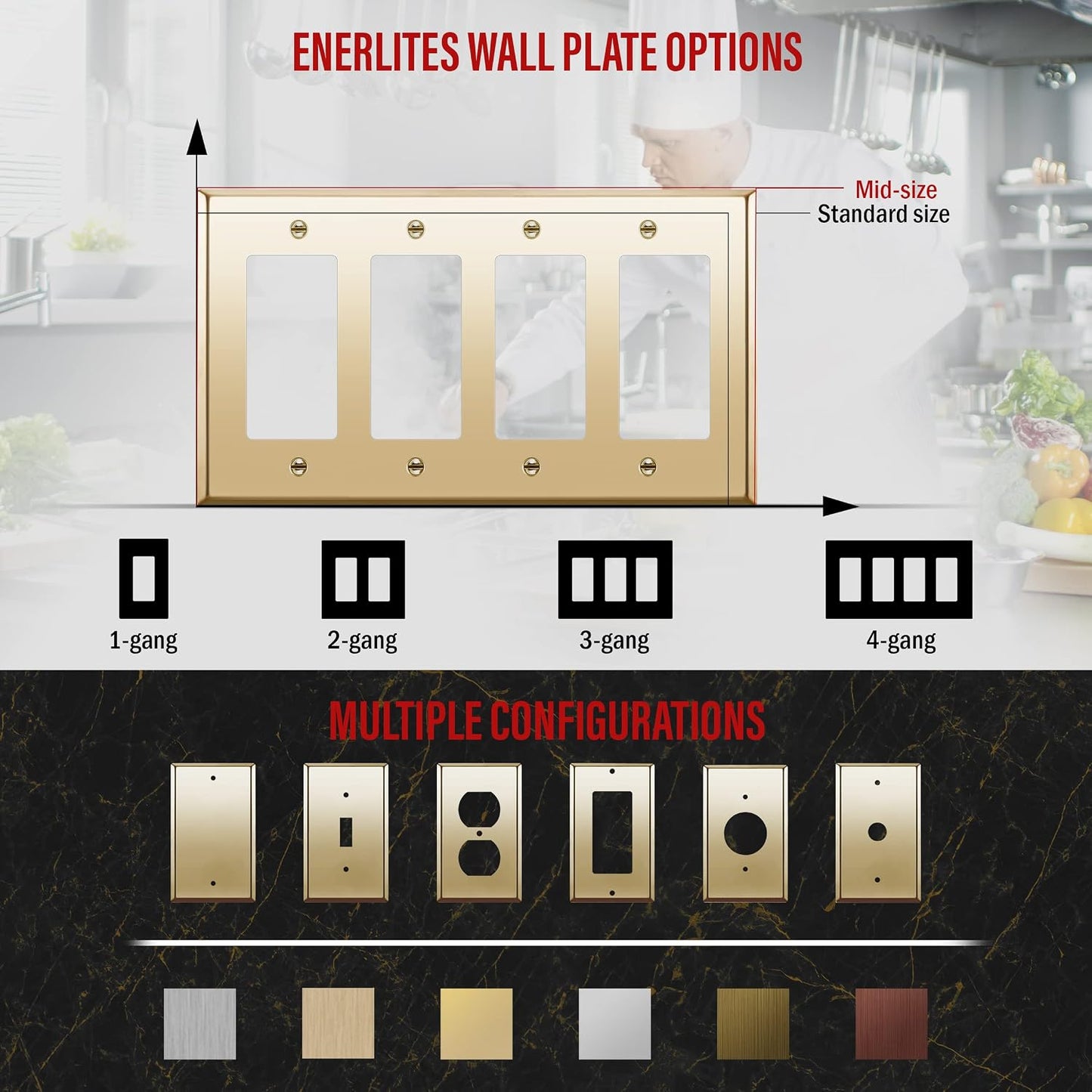 ENERLITES Quad Decorator Metal Wall Plate, Decorator Switch Receptacle Cover, Corrosion Resistant, Stainless Steel 201