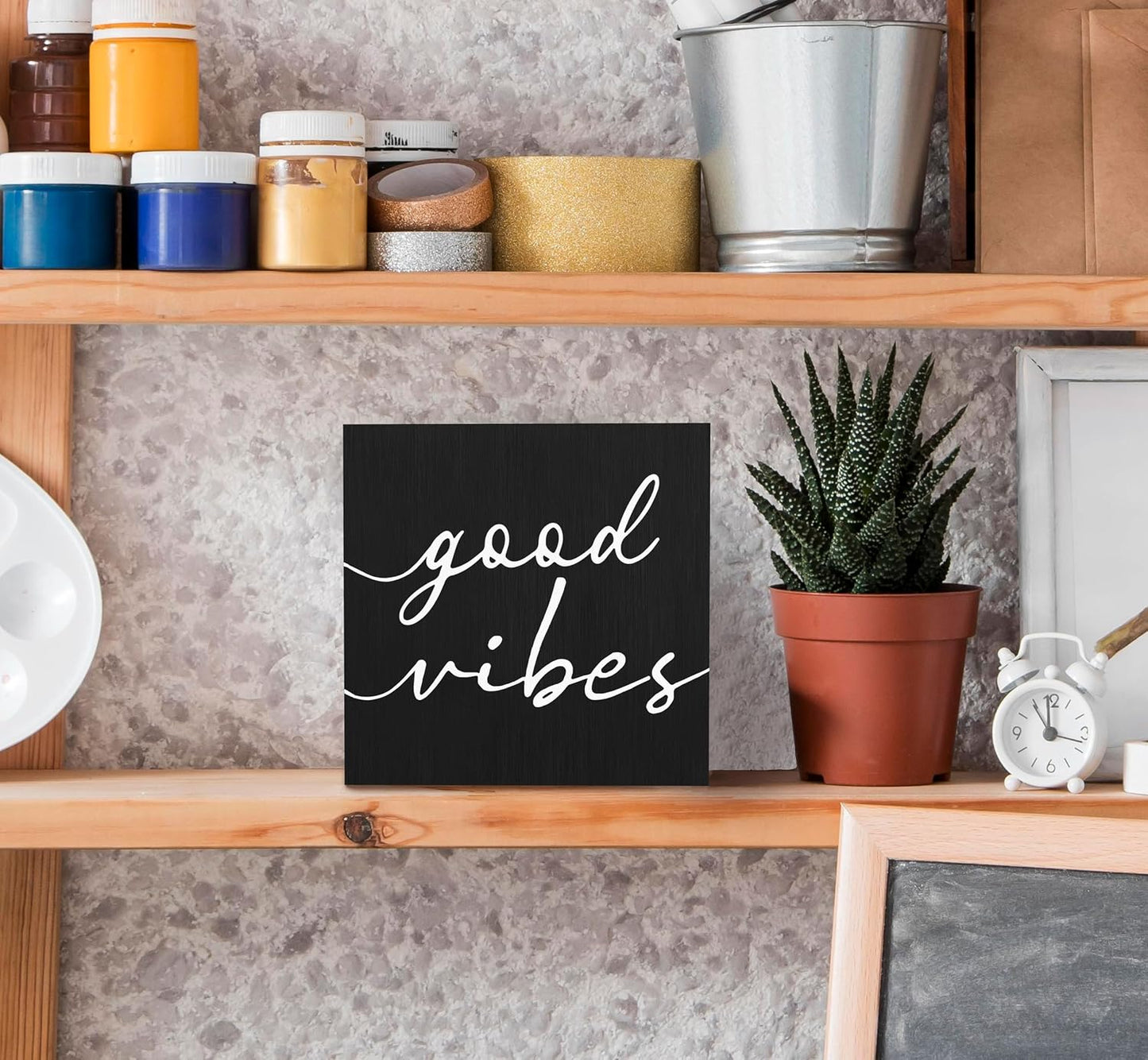 White Wood Box Sign Desk Decor / Black / 5 x 5