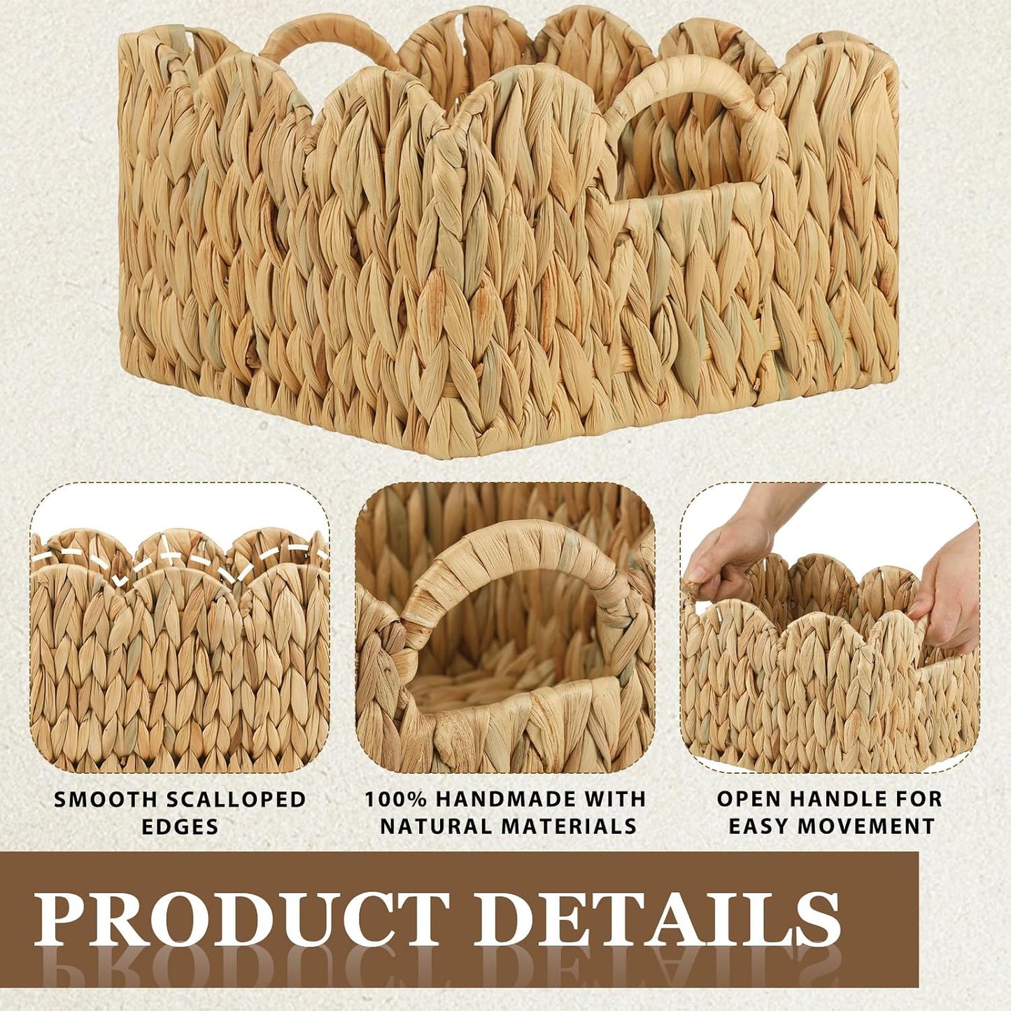 Scalloped Edge Basket Hand Woven Wicker Storage Baskets Rattan Baskets / Set of 3