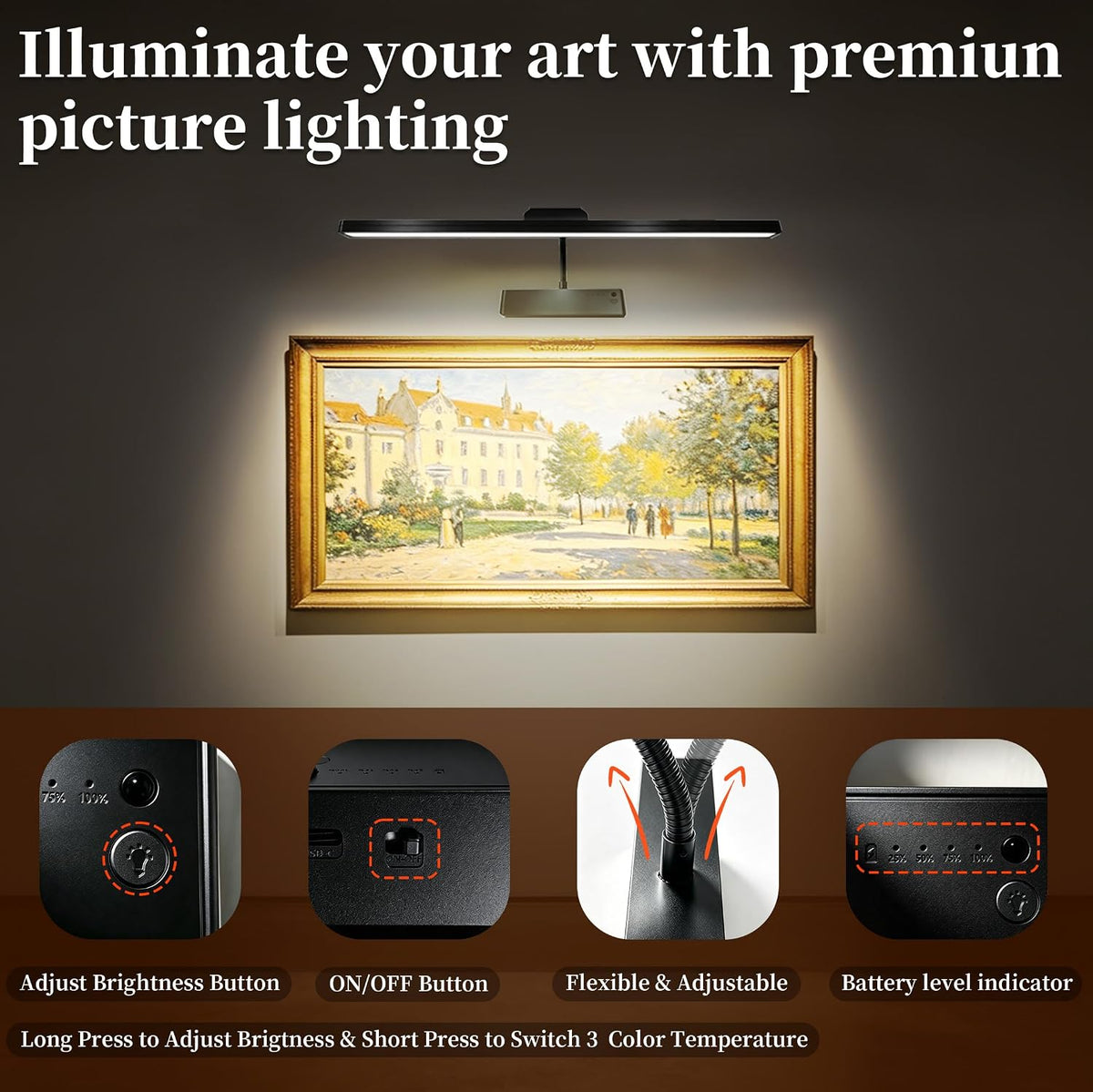 MIOBLUE Picture Light for Wall, 4800mAh Rechargeable Wireless Remote, 15in Dimmable Timer LED Art Display Light with 3