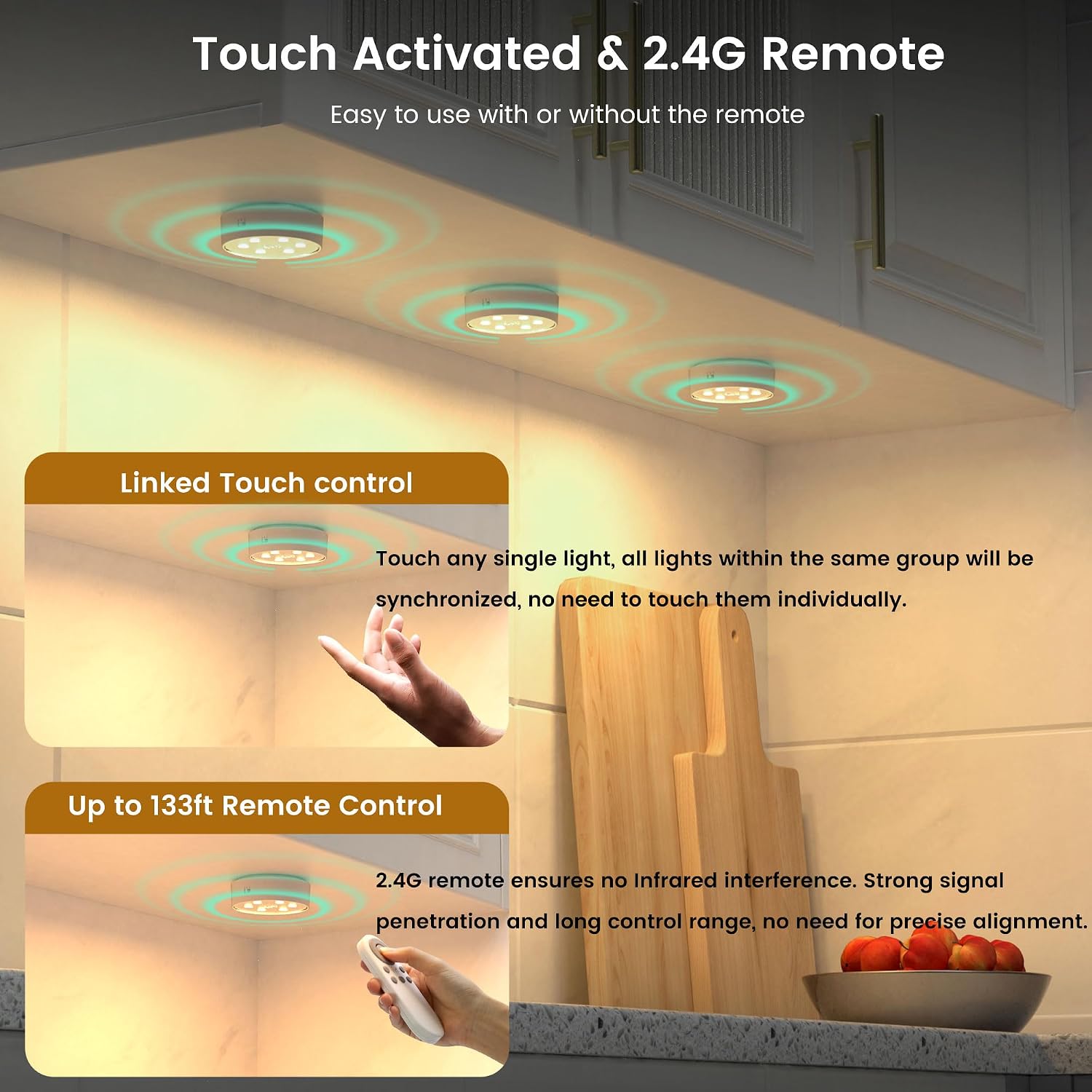 Rechargeable Under Cabinet Lighting 6 Pack, Wireless LED Puck Lights with Remote Control Sync and Groupable, 2600mAh