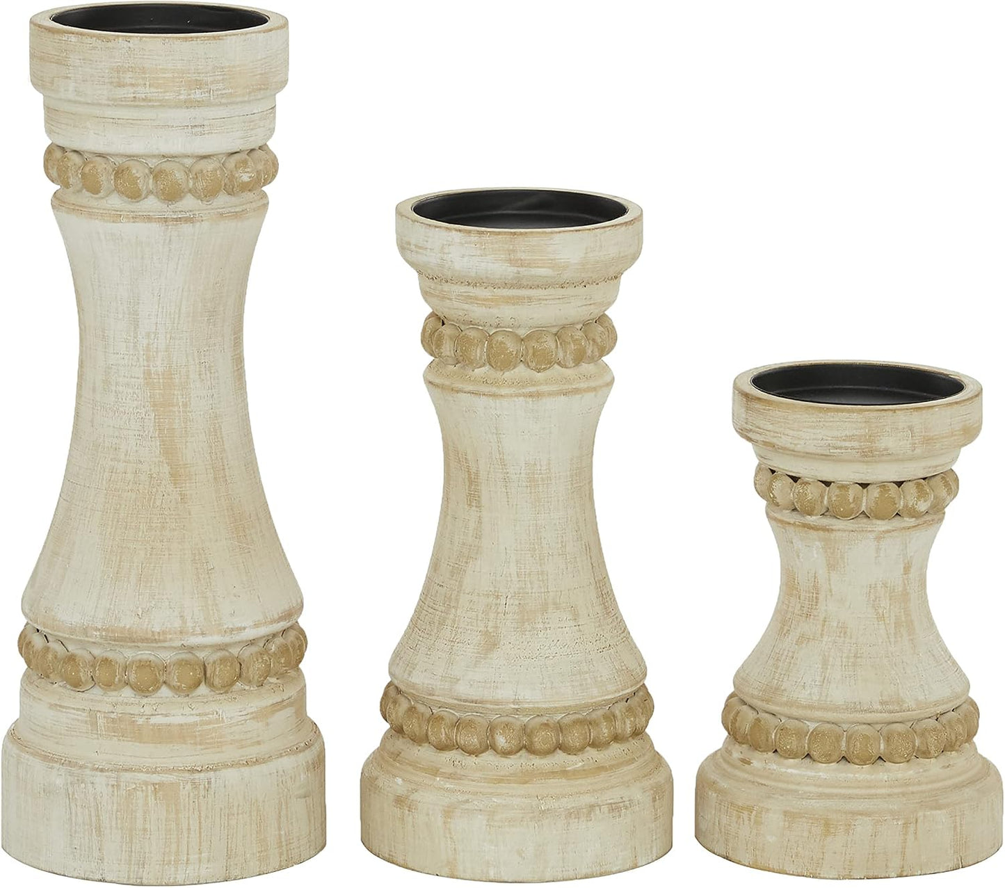 Deco 79 Wood Solid Candle Holder, Set of 3 12", 9", 7"H, Cream