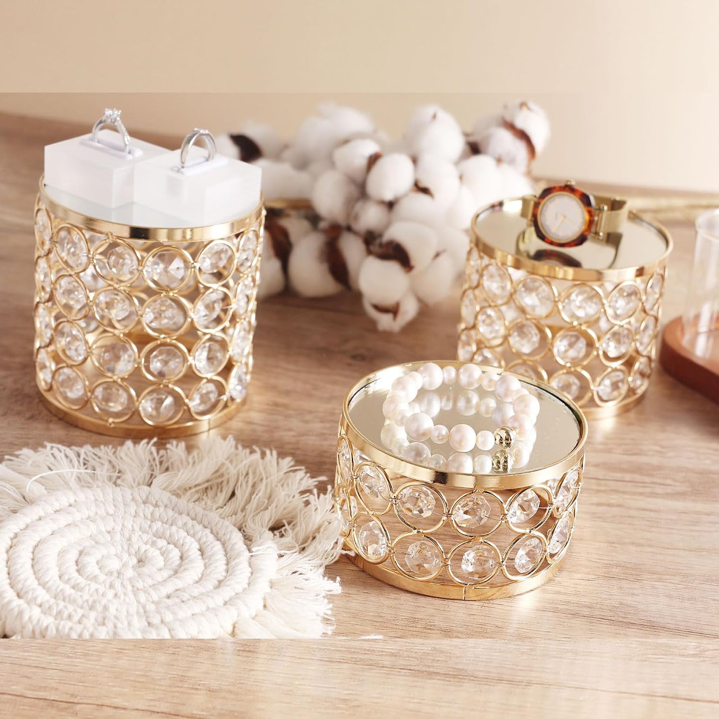 Crystal Display Stands Round Mirrored Risers Decorative Jewelry Perfume Stand / Gold / Set of 3
