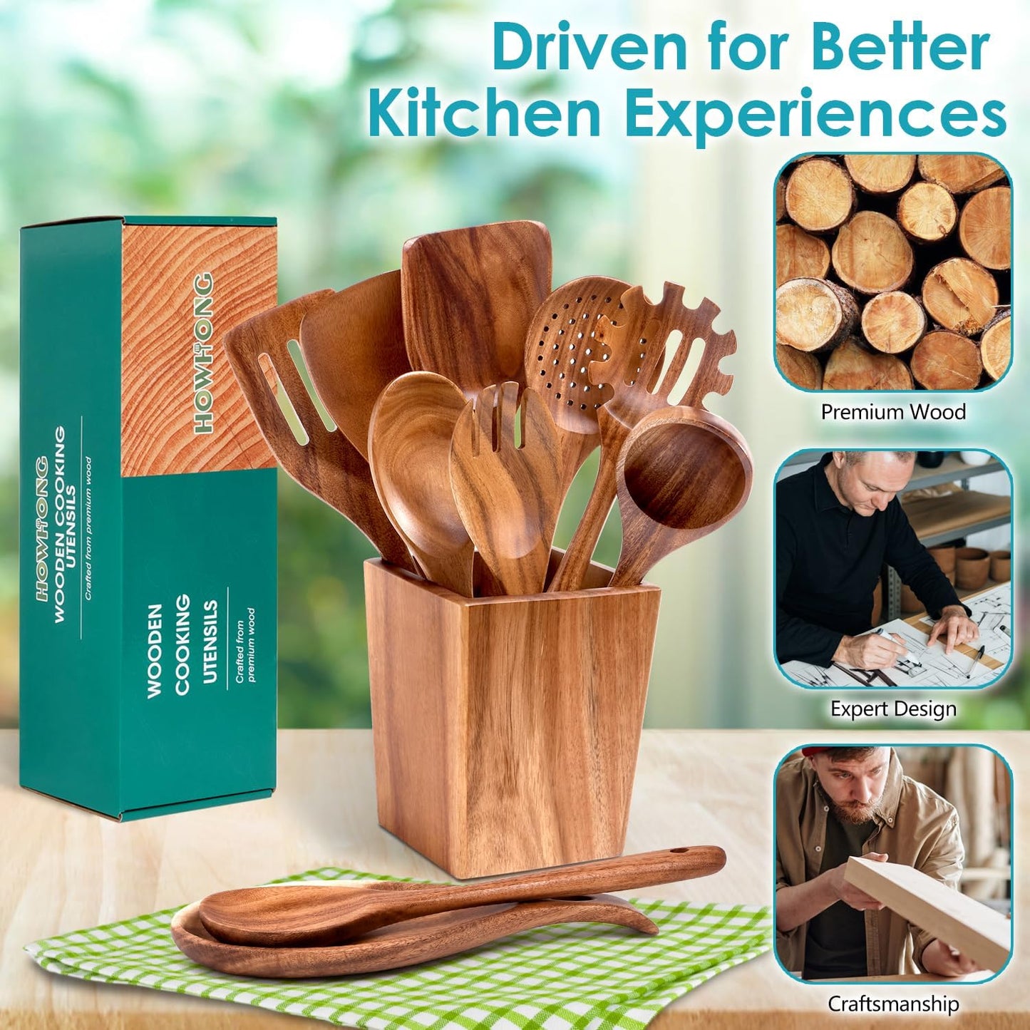 HOWHONG Wooden Spoons for Cooking, 11-Piece Wooden Utensil Set with Holder | Acacia Wood, Wooden Cooking Utensils