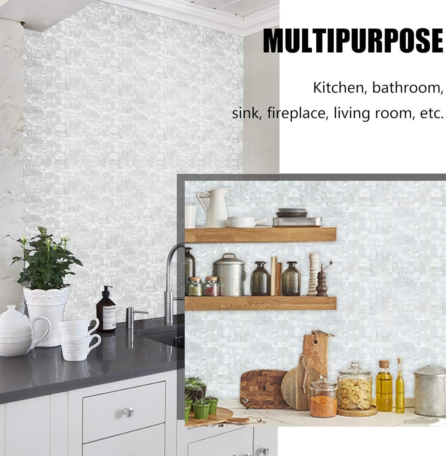 Mother of Pearl Self Adhesive Wall Tiles / White / Set of 10