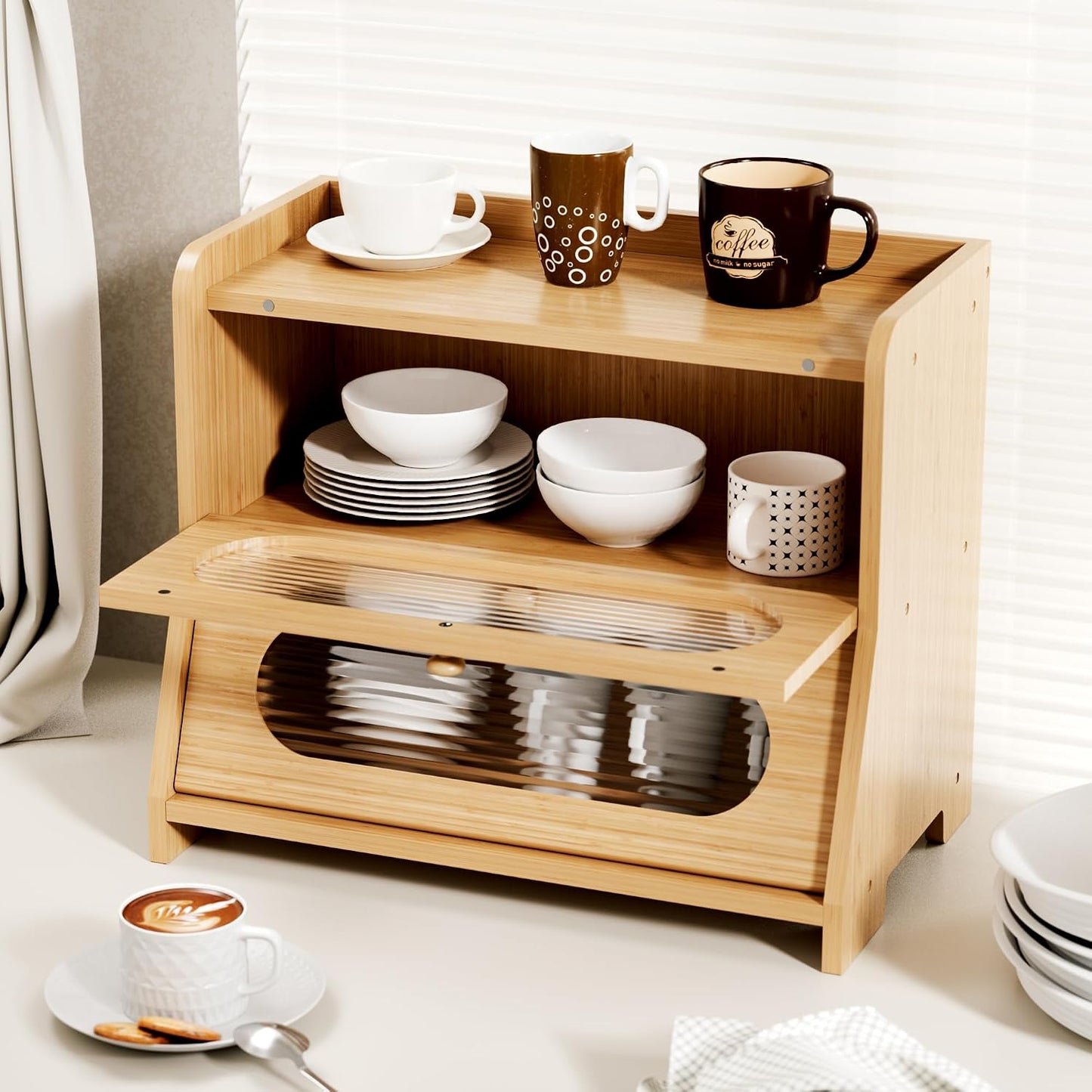 Bread Box,Extra Large 2-Tier Bamboo Bread Box for Kitchen Countertop,Bread Storage Container with Magnetic Acrylic Door