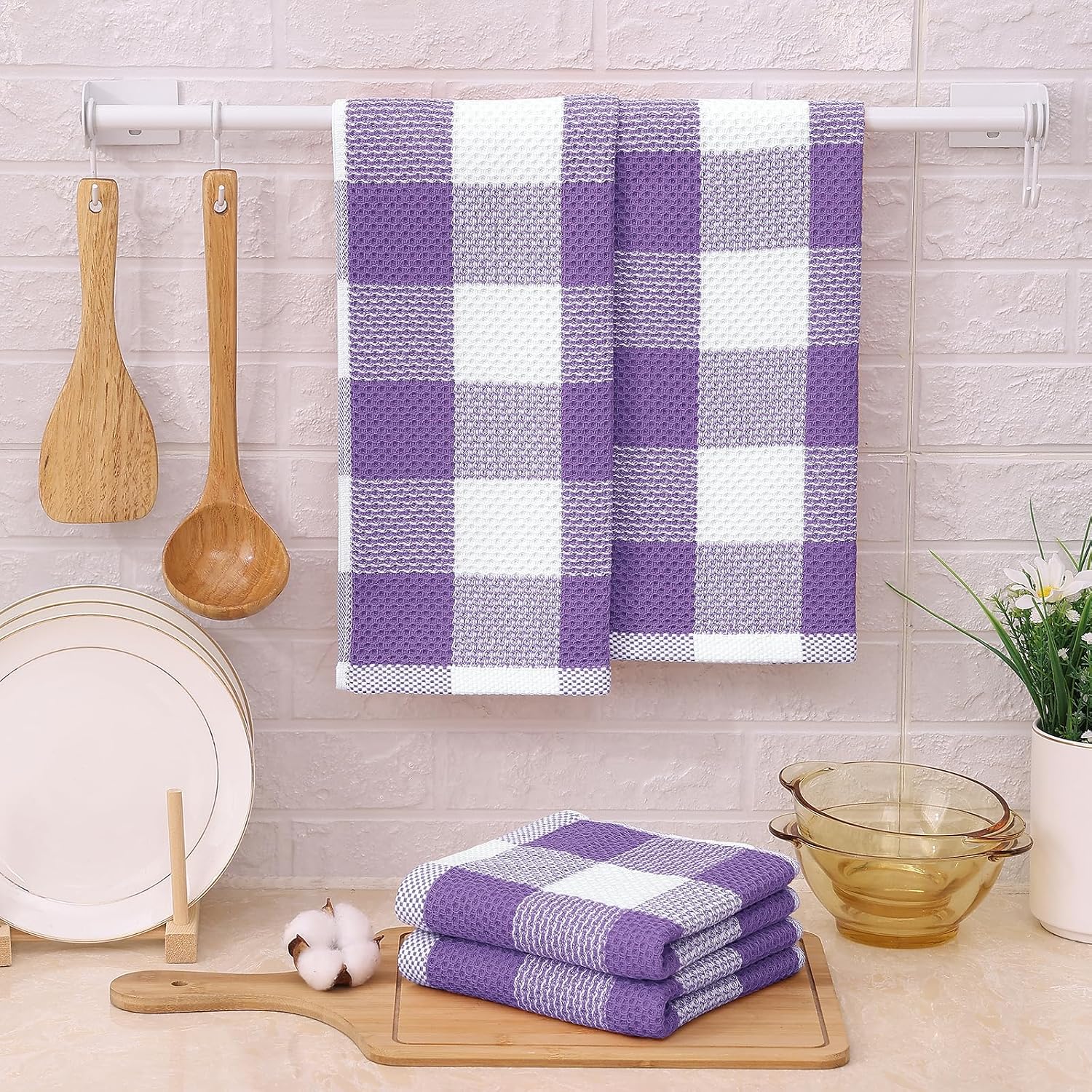 Mordimy 8 Pack Kitchen Towels and Dishcloths Set, Purple & White | 28 X 13 Inch and 12 X 12 Inch, Super Soft