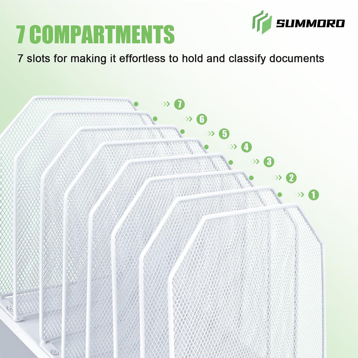 SUMMORO Inclined File Organizer for Desk, 7-Section Vertical File Holder | Office Desk Organizer Metal Rack File