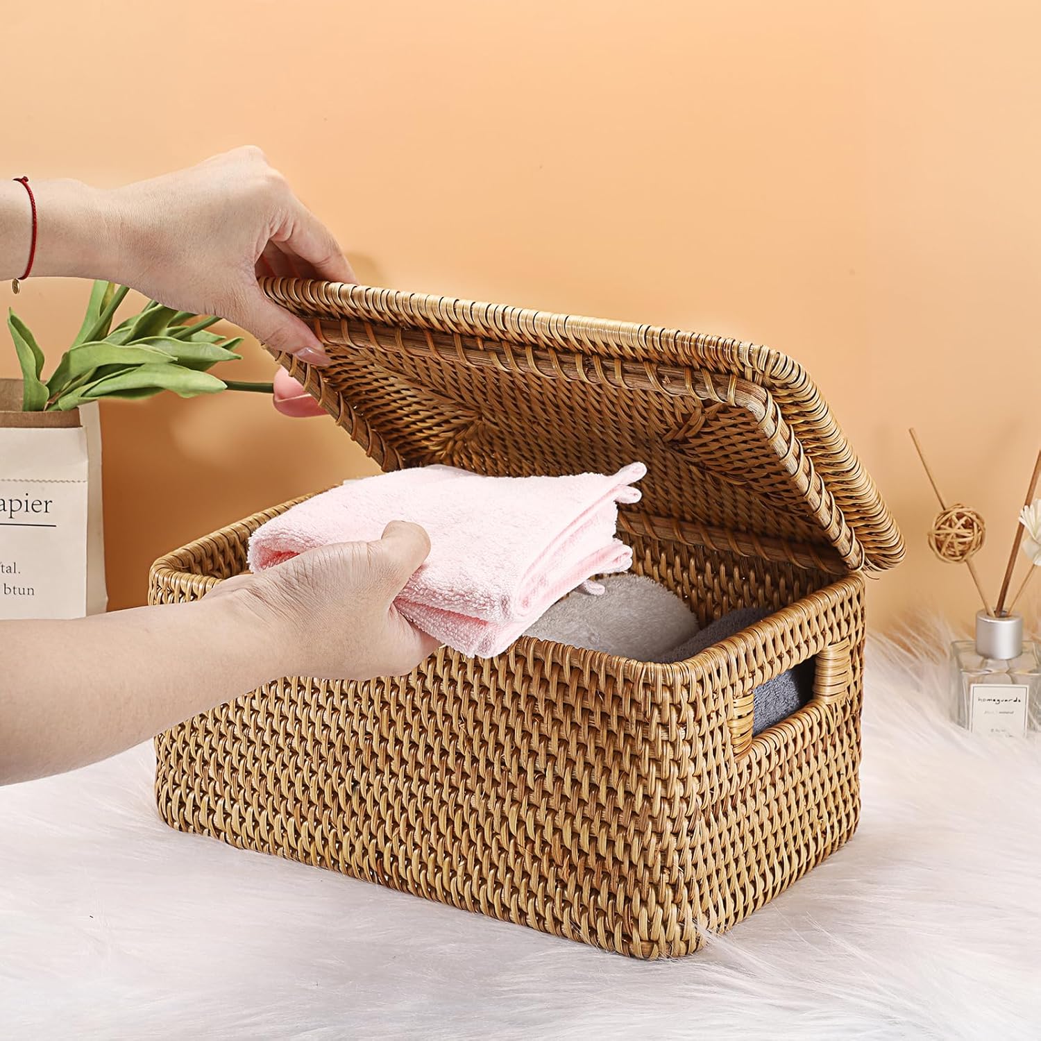 Rattan Basket / 12"L x 7.9"W x 5.9"H / Natural Color