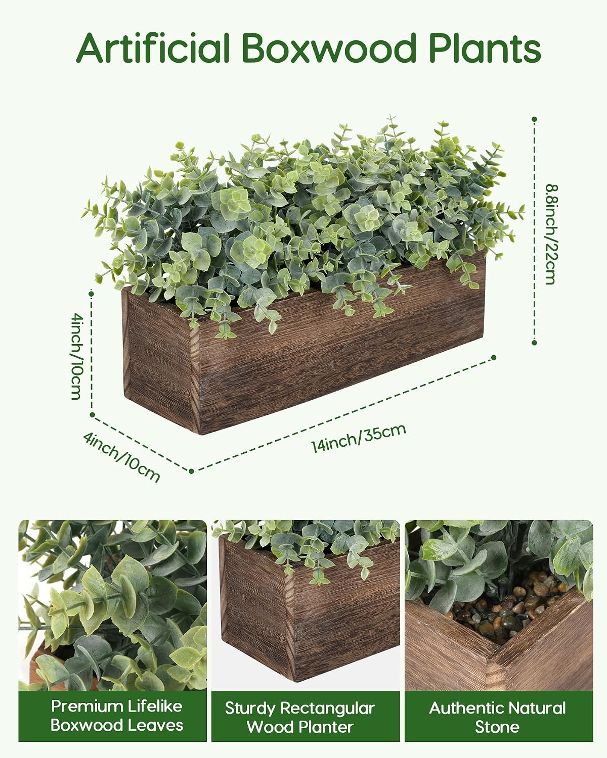 14" Artificial Plants in Rustic Rectangular Wooden Planter Box / Eucalyptus