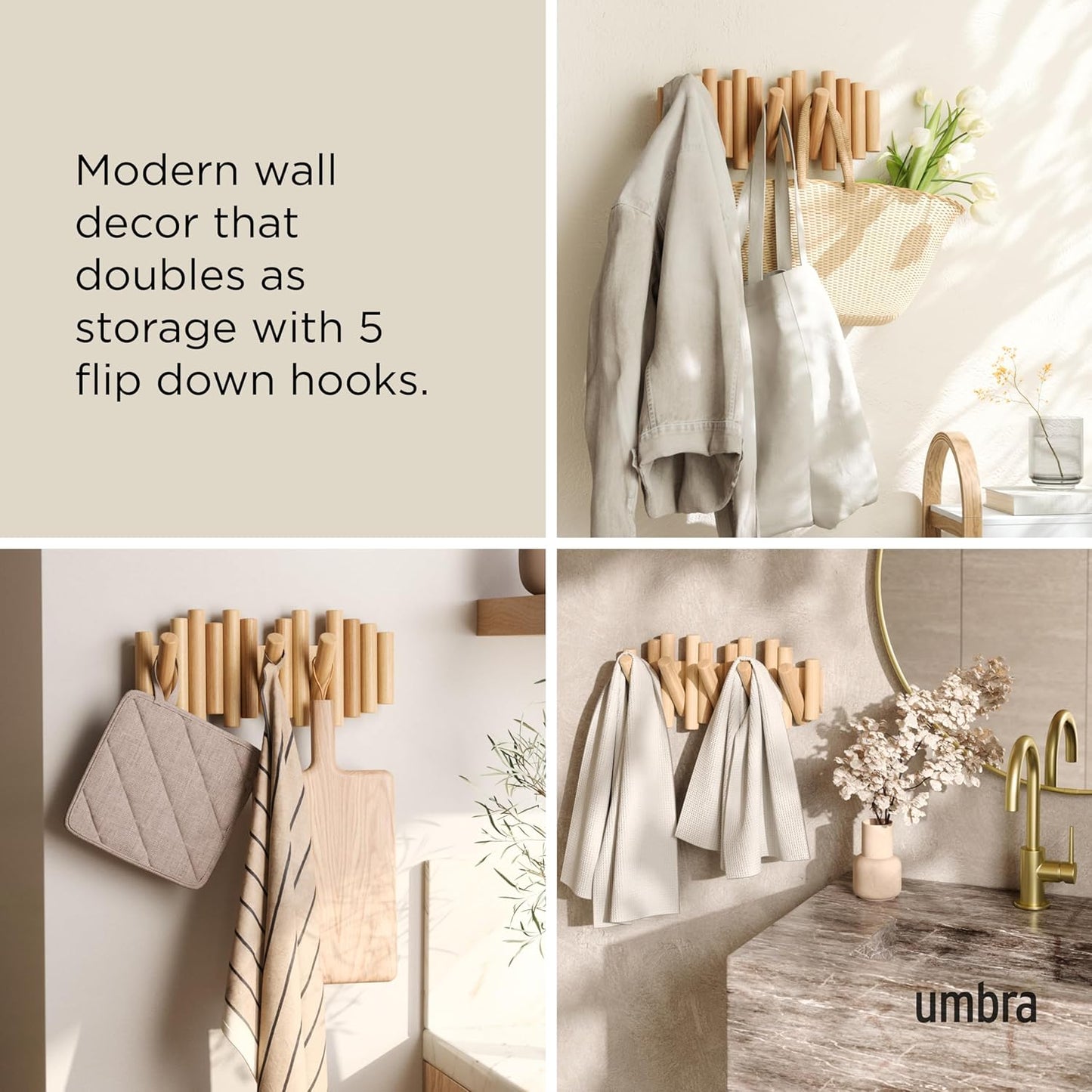 5 Flip-Down Wood Coat Hooks / Natural / 5-hook