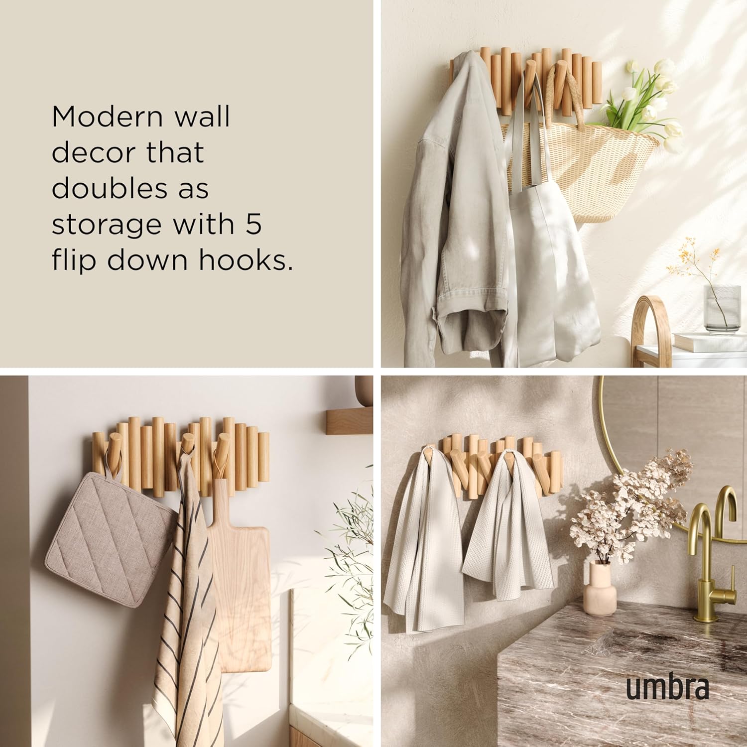 5 Flip-Down Wood Coat Hooks / Natural / 5-hook