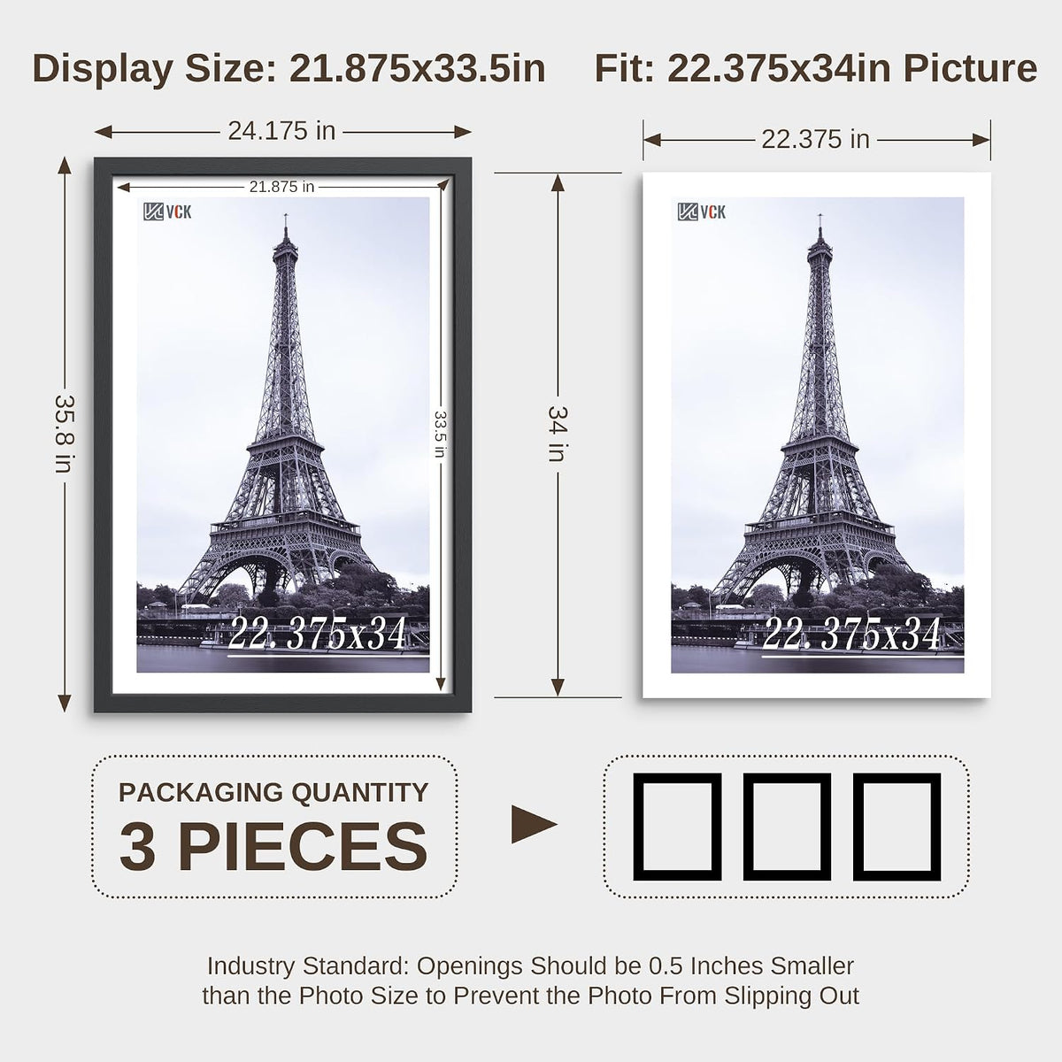 VCK 22.375x34 Poster Frame 3 Pack- Black Wood Poster Frames 22.375 x 34 inches with Wall Mounting Hanging
