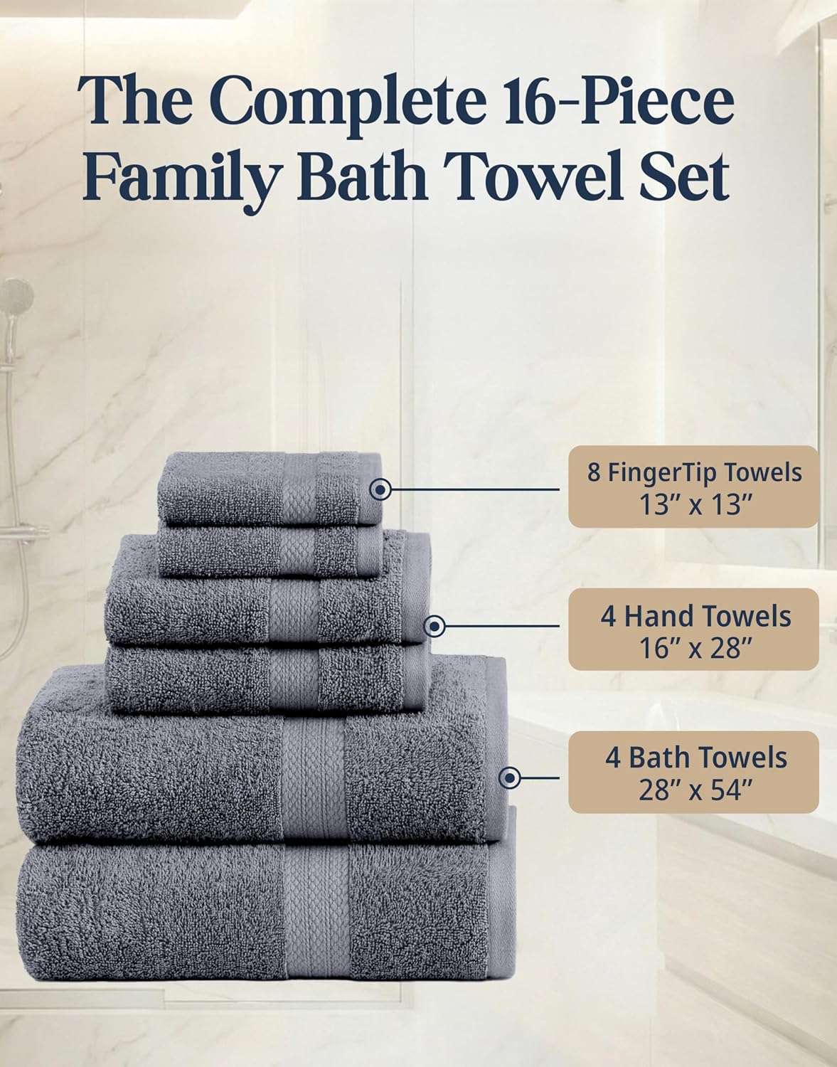 LANE LINEN Towel Set for Bathroom 16 Piece Soft Absorbent - Cool Grey | Towels And Washcloths Sets - Oversized & Roomy