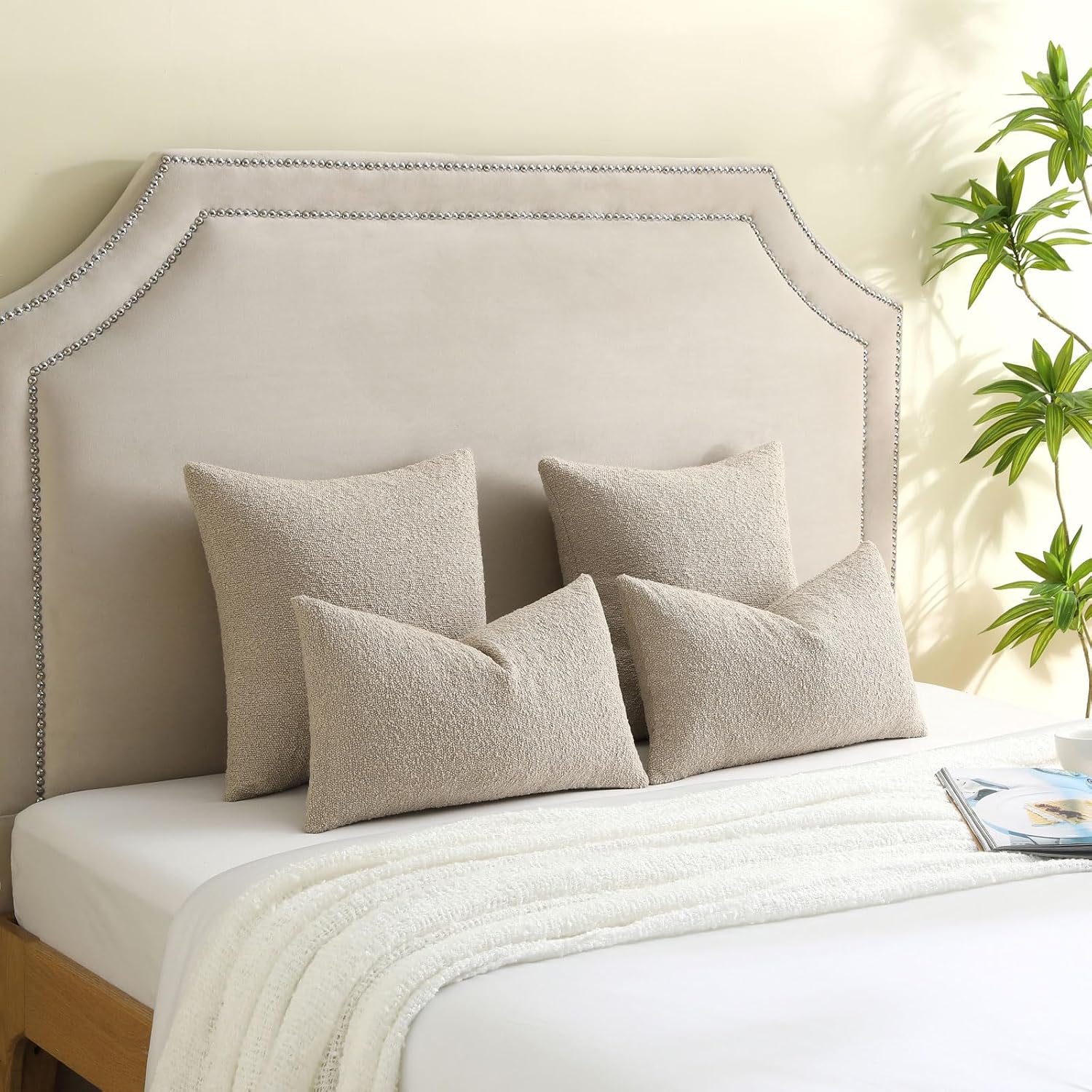 Decorative Throw Pillow Covers Soft Solid Boucle Textured Cushion / Oatmeal / 18 x 18 / Set of 2