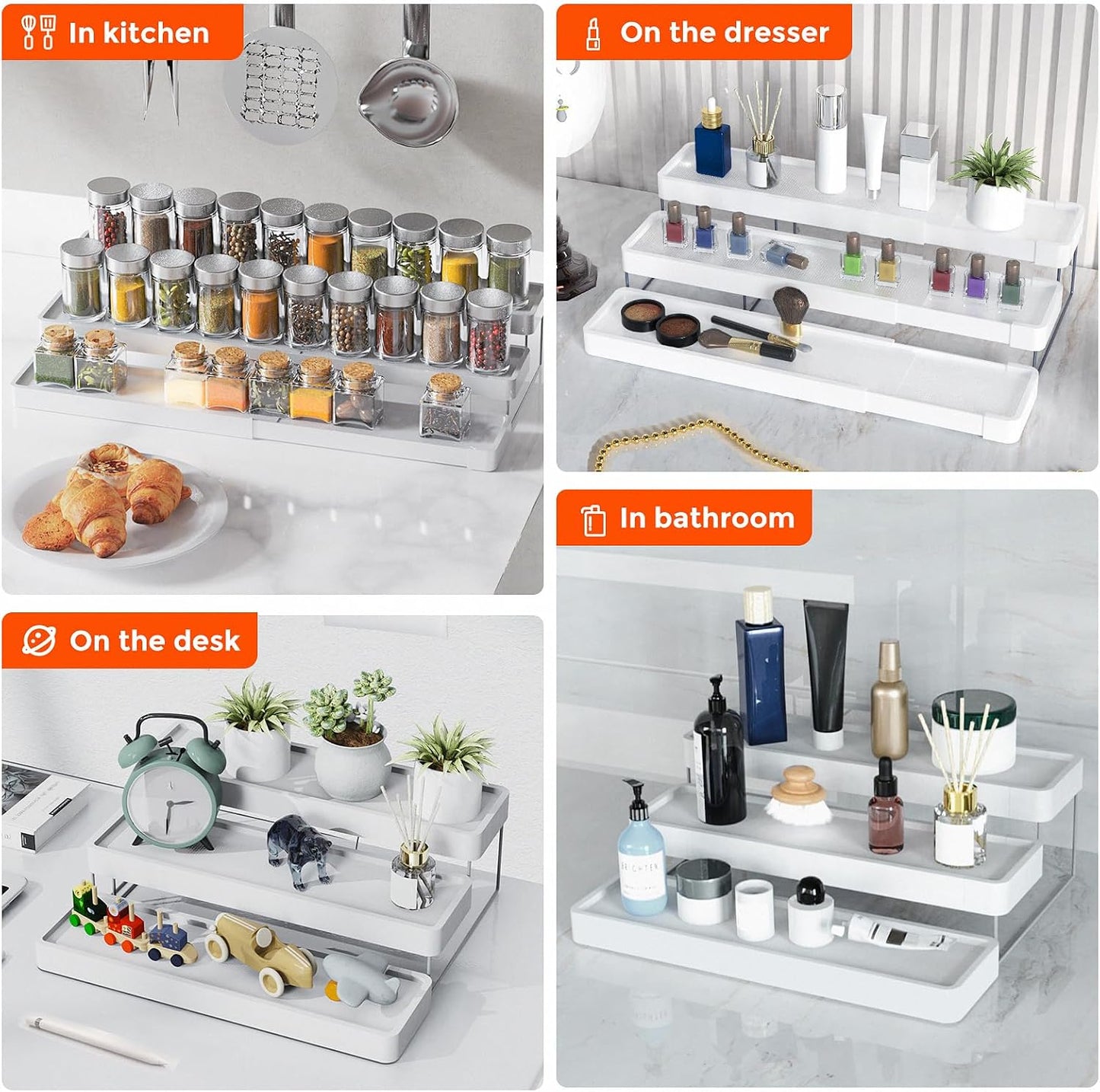 2 Pack Expandable Spice Rack Organizer for Cabinet - 3 Tier Adjustable Cabinet Spice Organizer Easy Visibility - Spice