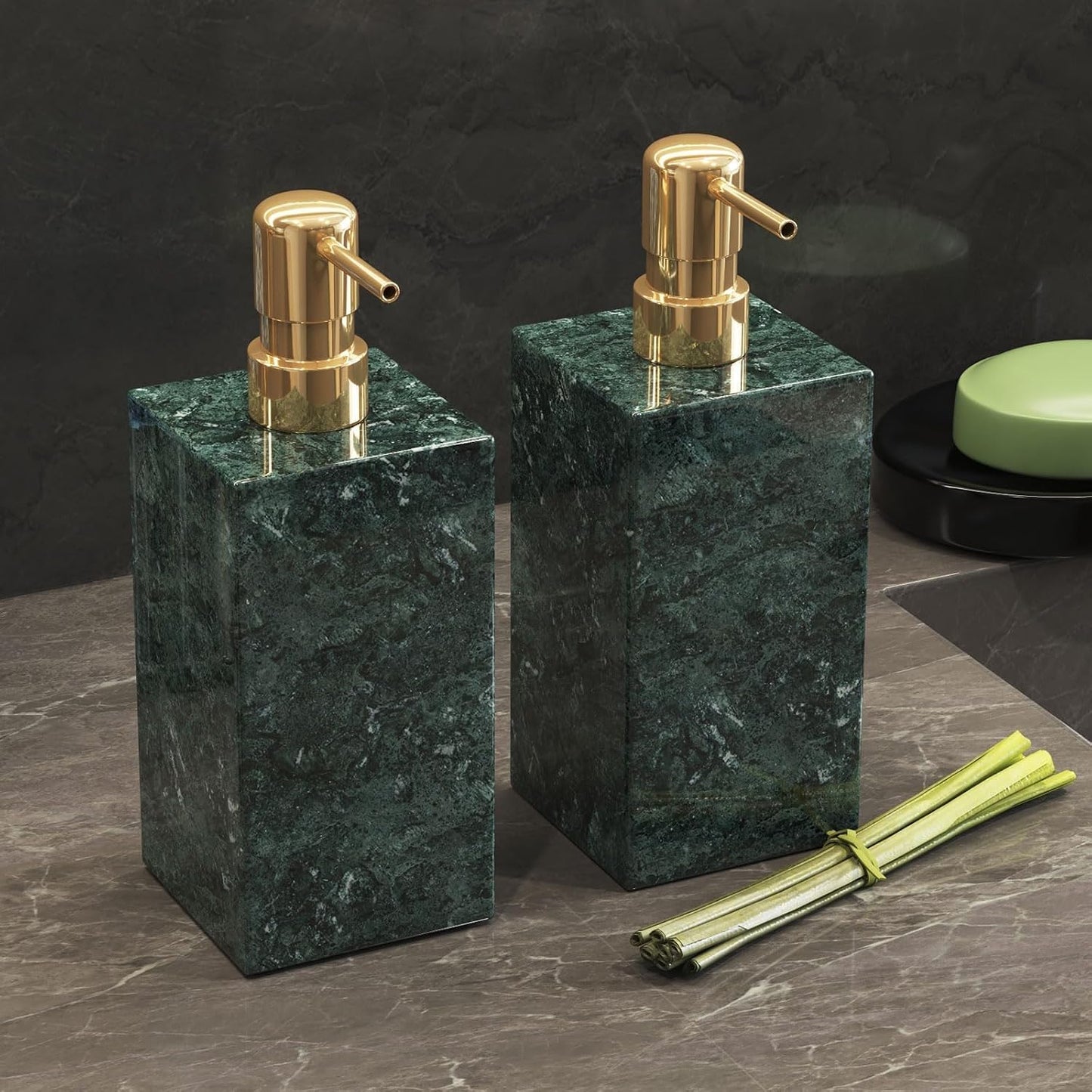 2 Set Real Natural Marble Soap Dispenser with Stainless Steel Pump – Decorative Liquid Hand Soap Bottle for Kitchen &