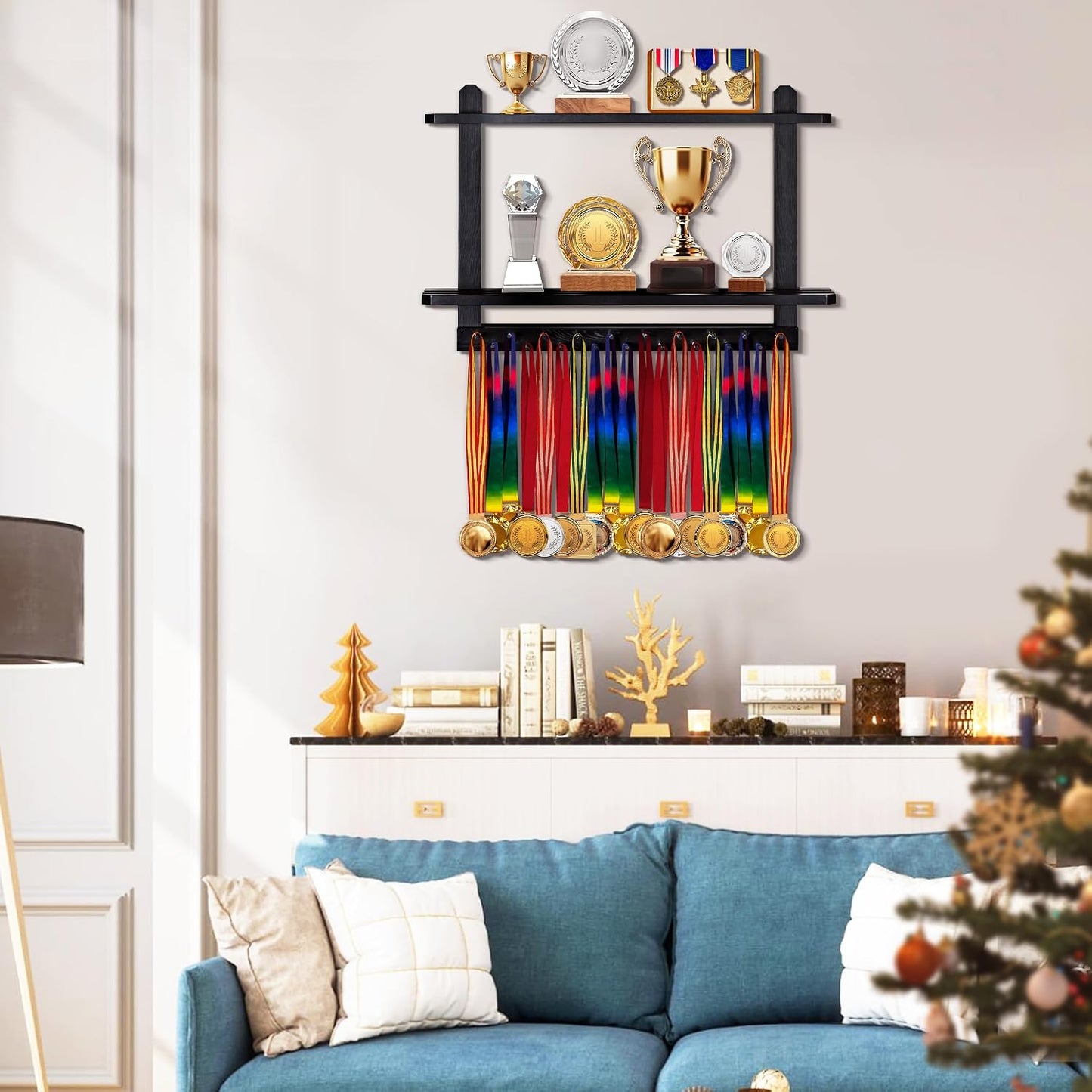 LAVIEVERT Wooden Medal Hanger & Trophy Shelf, Wall-Mounted Race Display with 2 Tier Storage Shelf and 19 Hanging Bars
