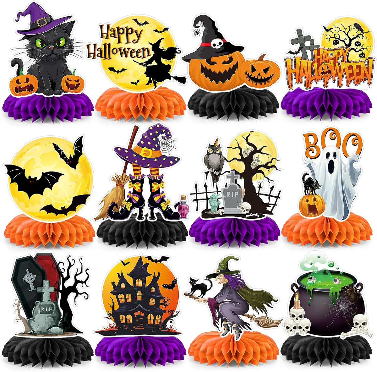 12Pcs Halloween Party Decorations Halloween Honeycomb Centerpieces for Table Double Side Spooky Witches Pumpkins Ghosts Table Centerpieces for Halloween Party Home Indoor Office Supplies Decorations