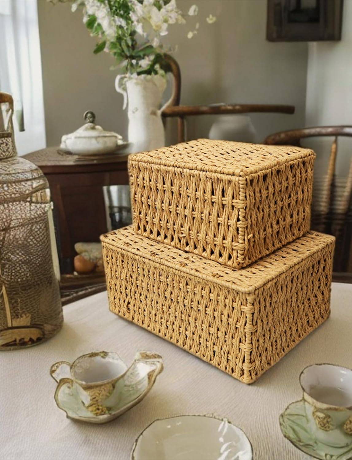 Woven Stackable Storage Baskets / NO LINER / Beige / Set of 4