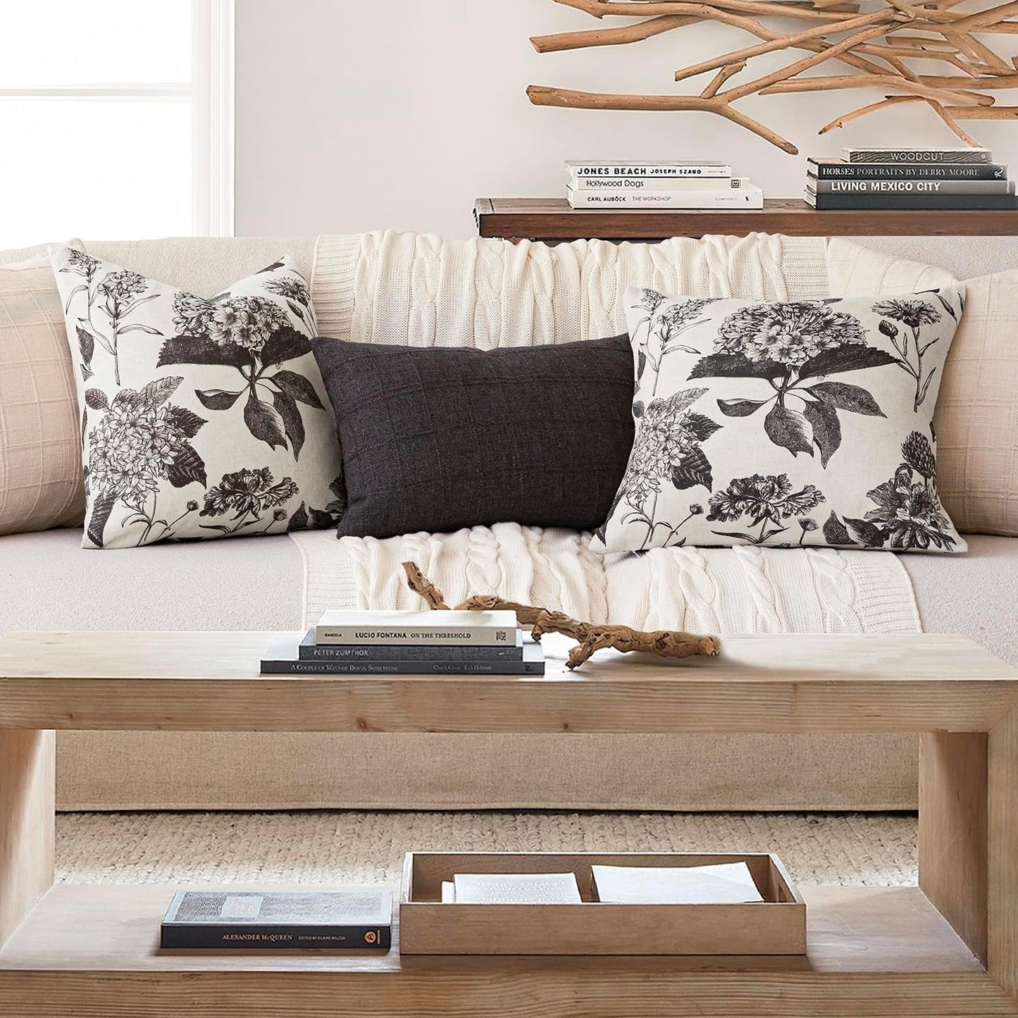 Linen Floral Vintage Throw Pillow Covers Neutral Accent Print / 18 x 18 / Black / Set of 2