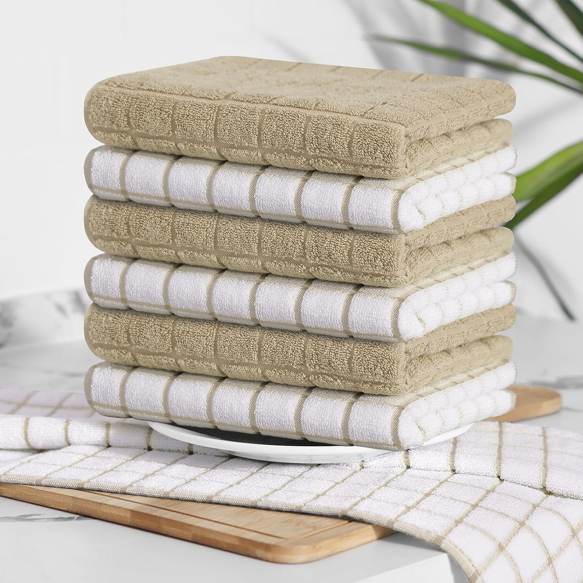 Homaxy Large Premium Cotton Kitchen Towels 16"x 28", 12 Pack, Tan | Natural Ring Spun 390 GSM Dish Towels, Super