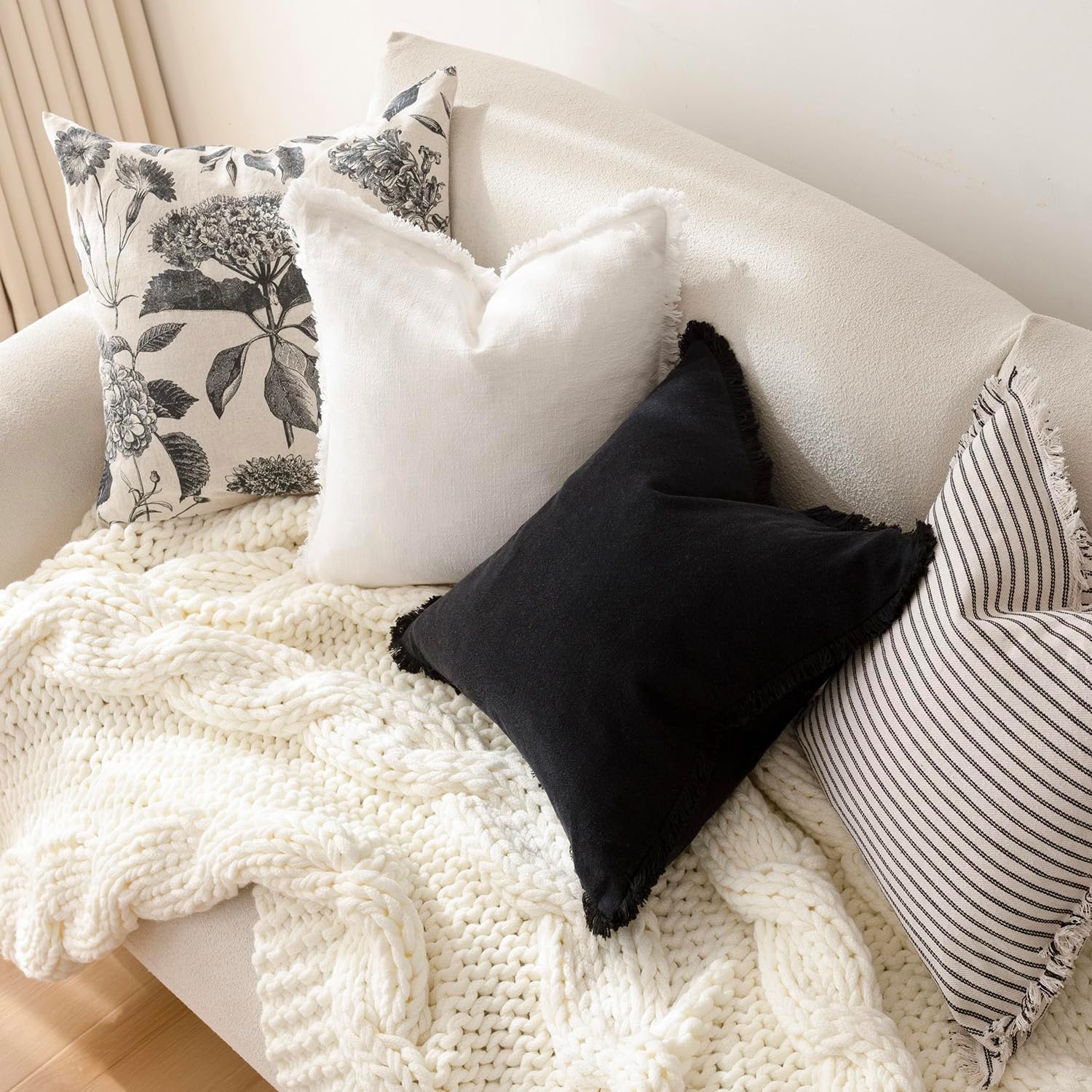 Decorative Linen Fringe Throw Pillow Covers Boho Farmhouse Cushion / 18 x 18 / Black / Set of 2