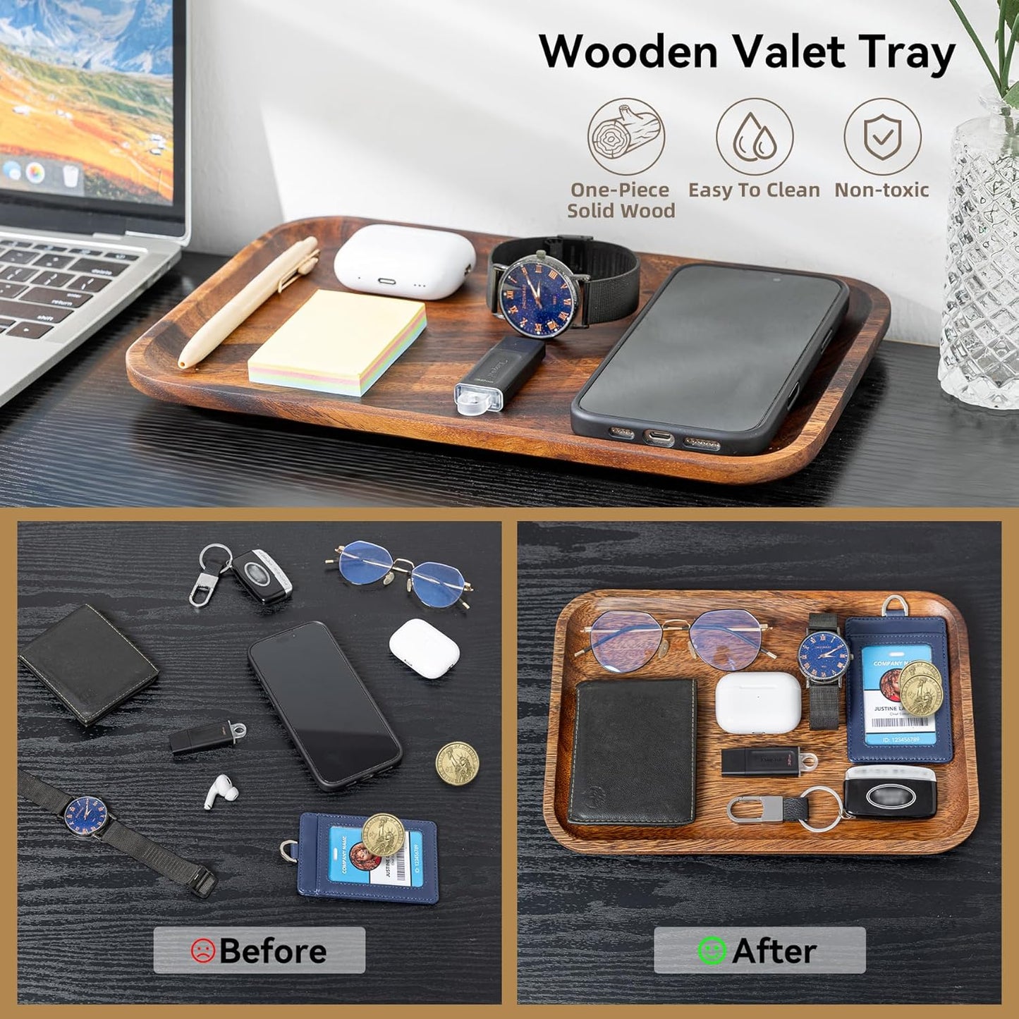 Serving Acacia Wood Valet Tray for Men Women