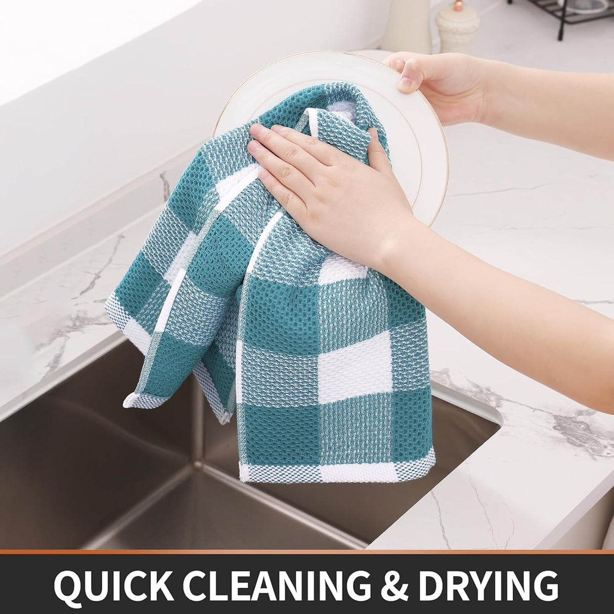 Homaxy Kitchen Towels and Dishcloths Set, Set of 10, White & Lake Blue | Bulk Cotton Waffle Weave Check Plaid Kitchen