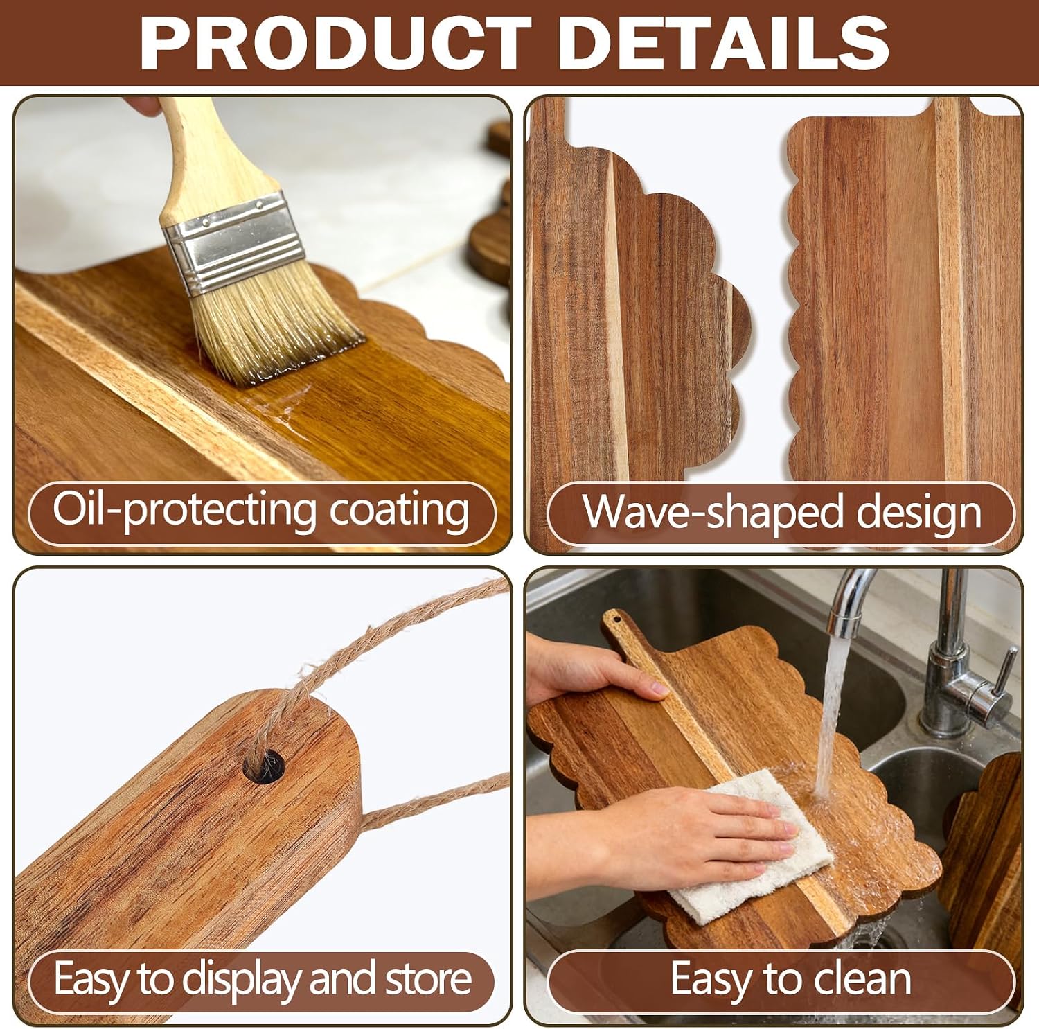 Acacia Wood Scalloped Cutting Boards Set / with Handle / Set of 2