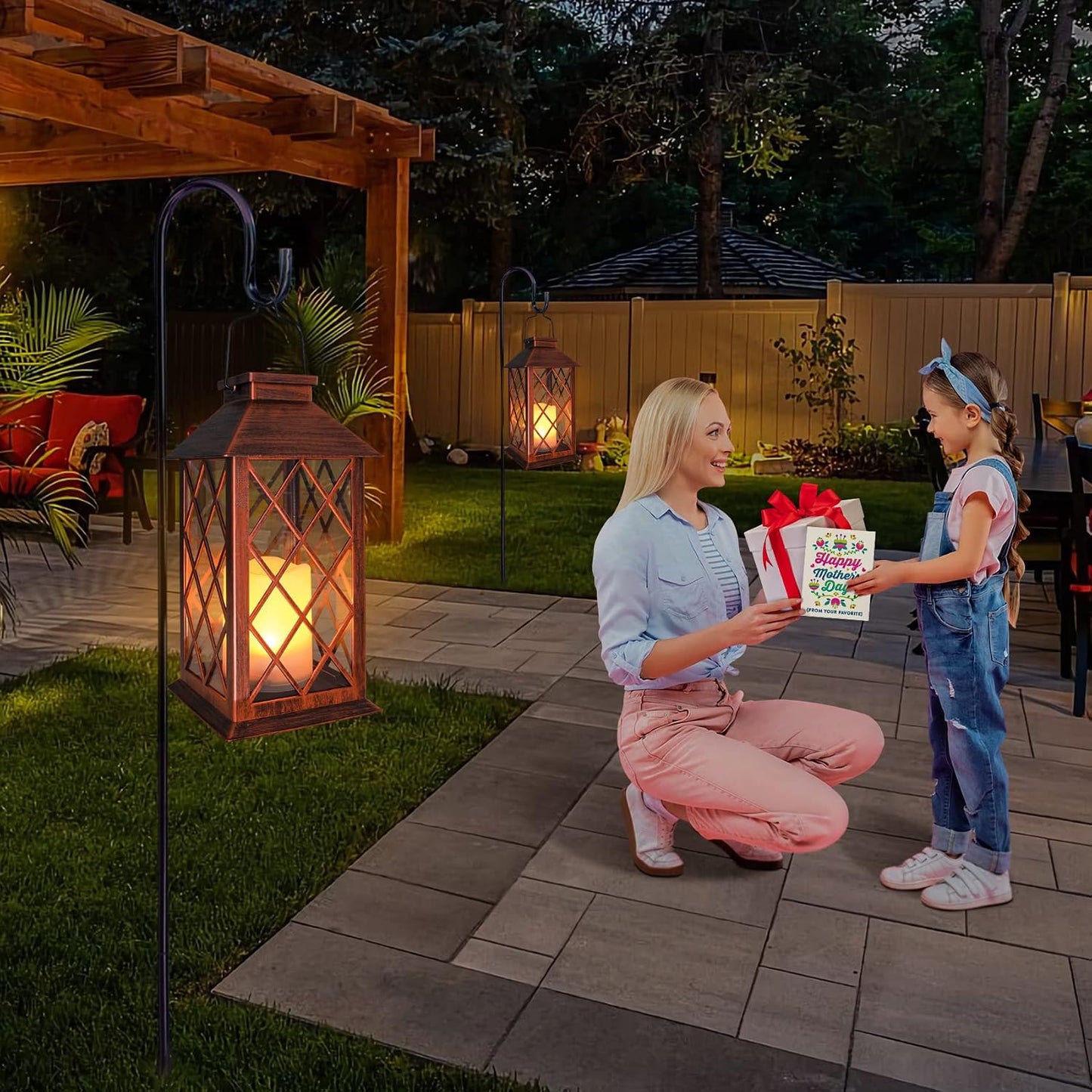[2 Pack] TAKE ME 14" Solar Lantern Outdoor Garden Hanging Lantern Waterproof LED Flickering Flameless Candle Mission
