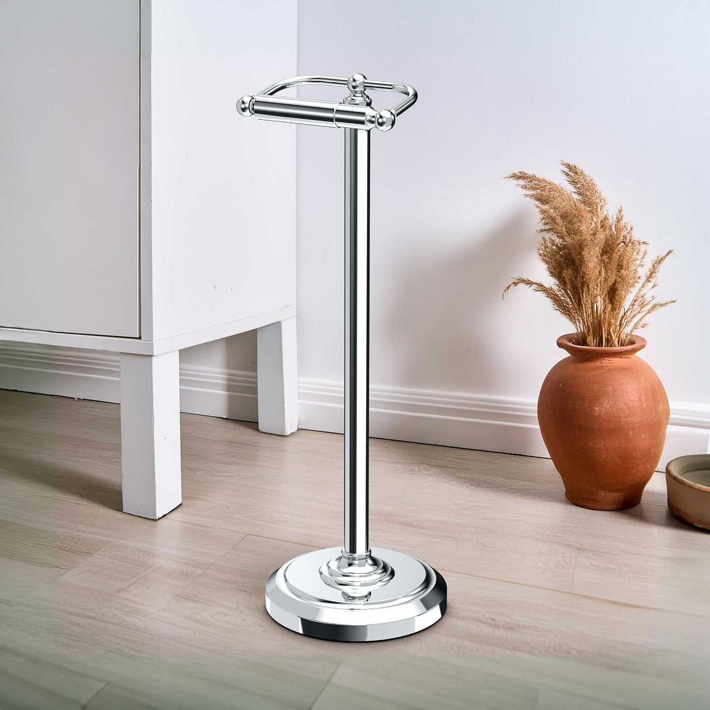 Gatco 1436C Toilet Paper Holder Stand, Chrome Finish, Freestanding Bathroom Floor Stand, Pedestal, Weighted Base, 22
